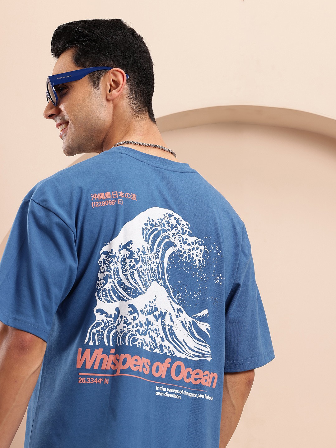 

Mast & Harbour Printed Drop-Shoulder Sleeves Oversized T-shirt, Blue