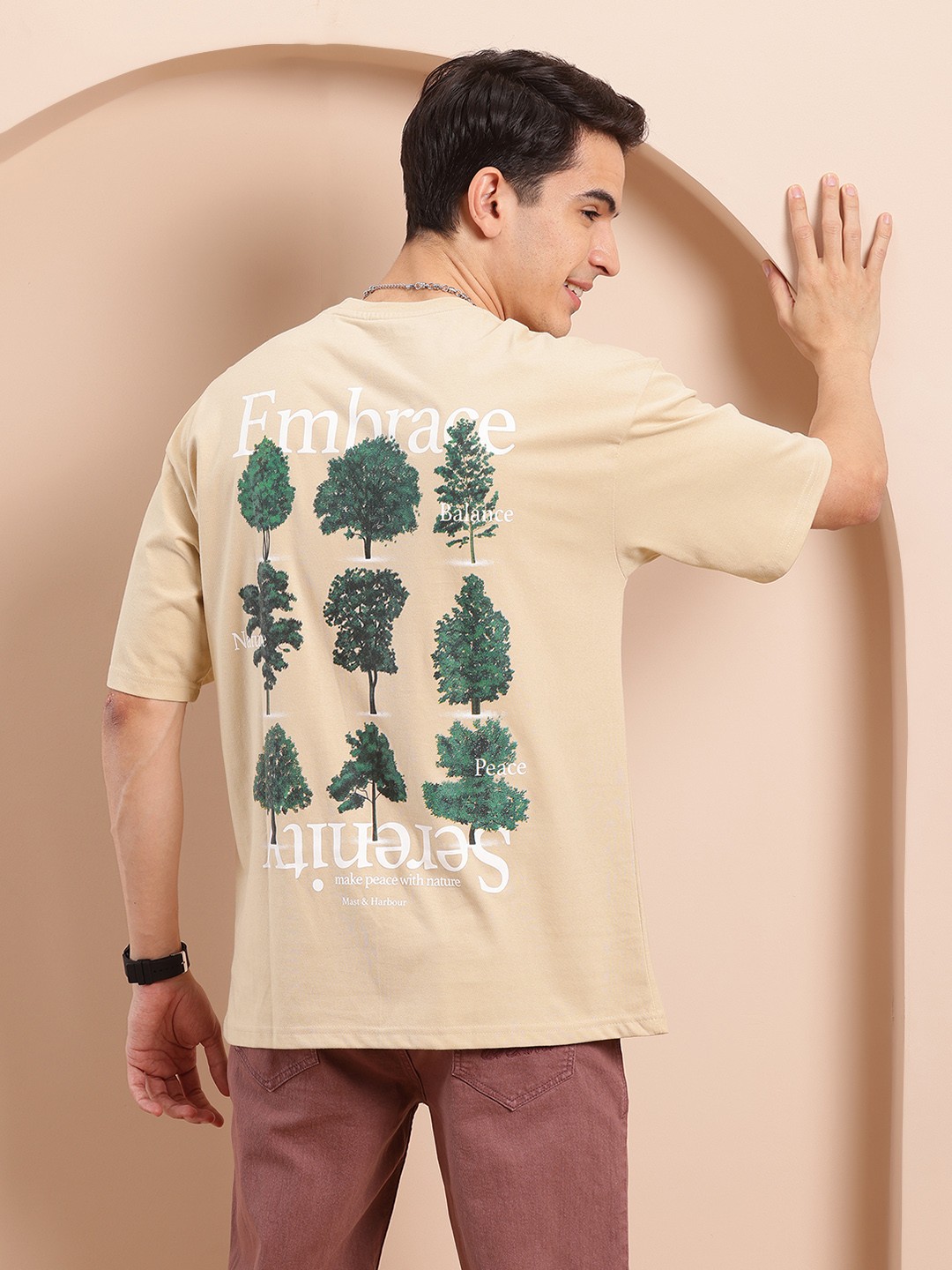 

Mast & Harbour Men Printed Oversized T-shirt, Beige