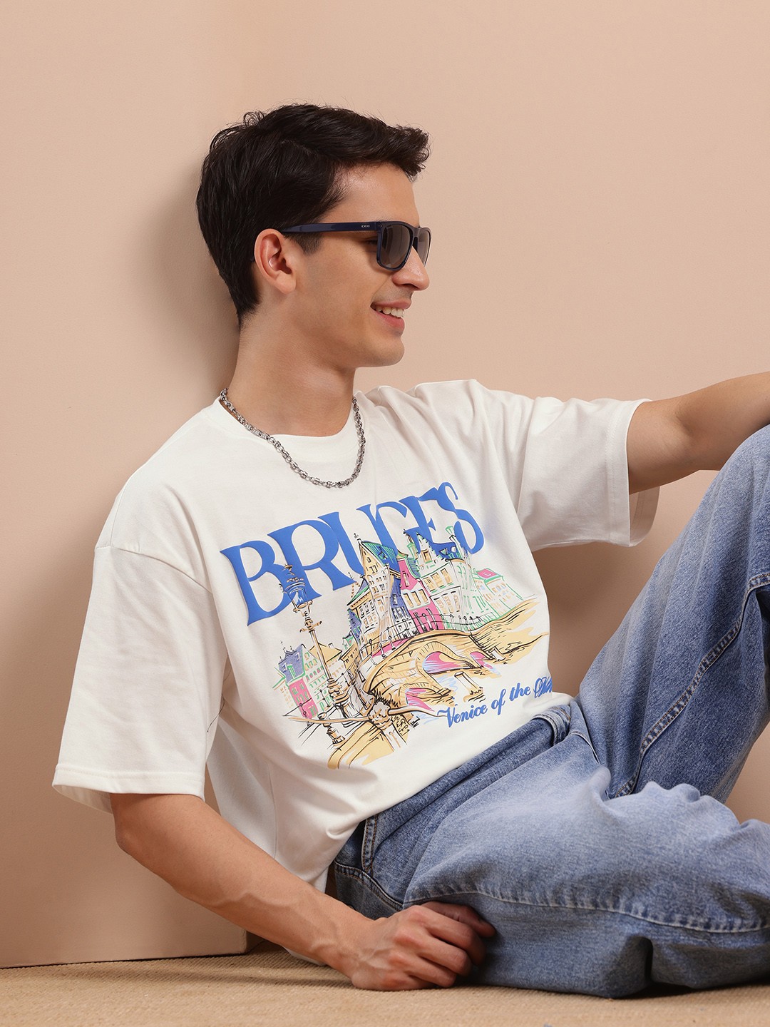 

Mast & Harbour Printed Drop-Shoulder Sleeves Oversized T-shirt, White