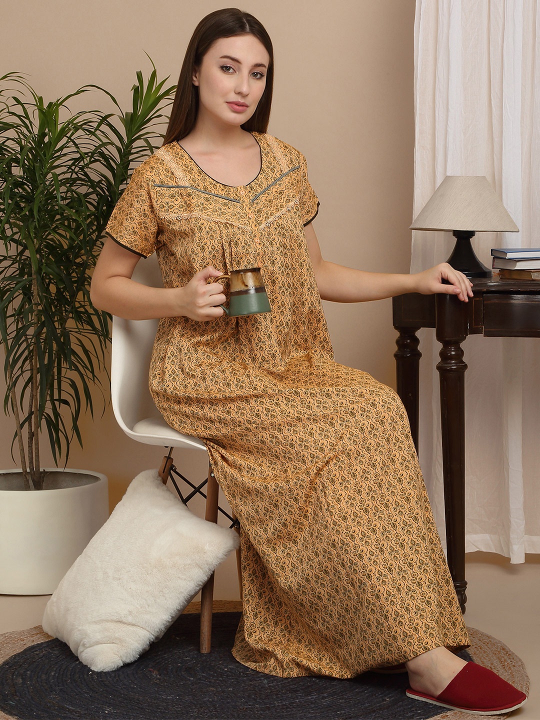 Sweet Dreams Women Floral Printed Short Sleeves Maxi Nightdress, Yellow