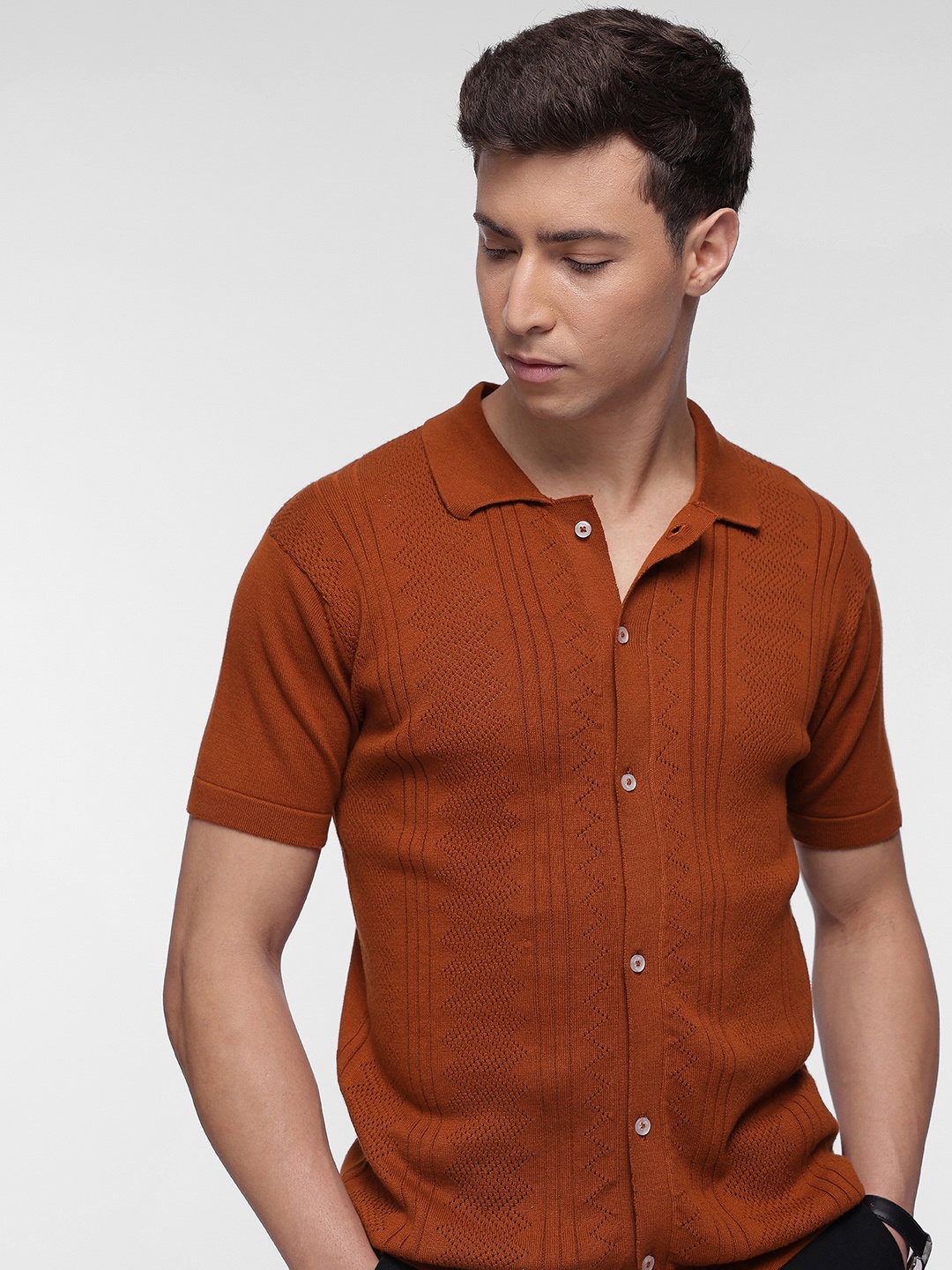 

French Connection Pure Cotton Self-Design Textured Knitted Casual Shirt, Rust