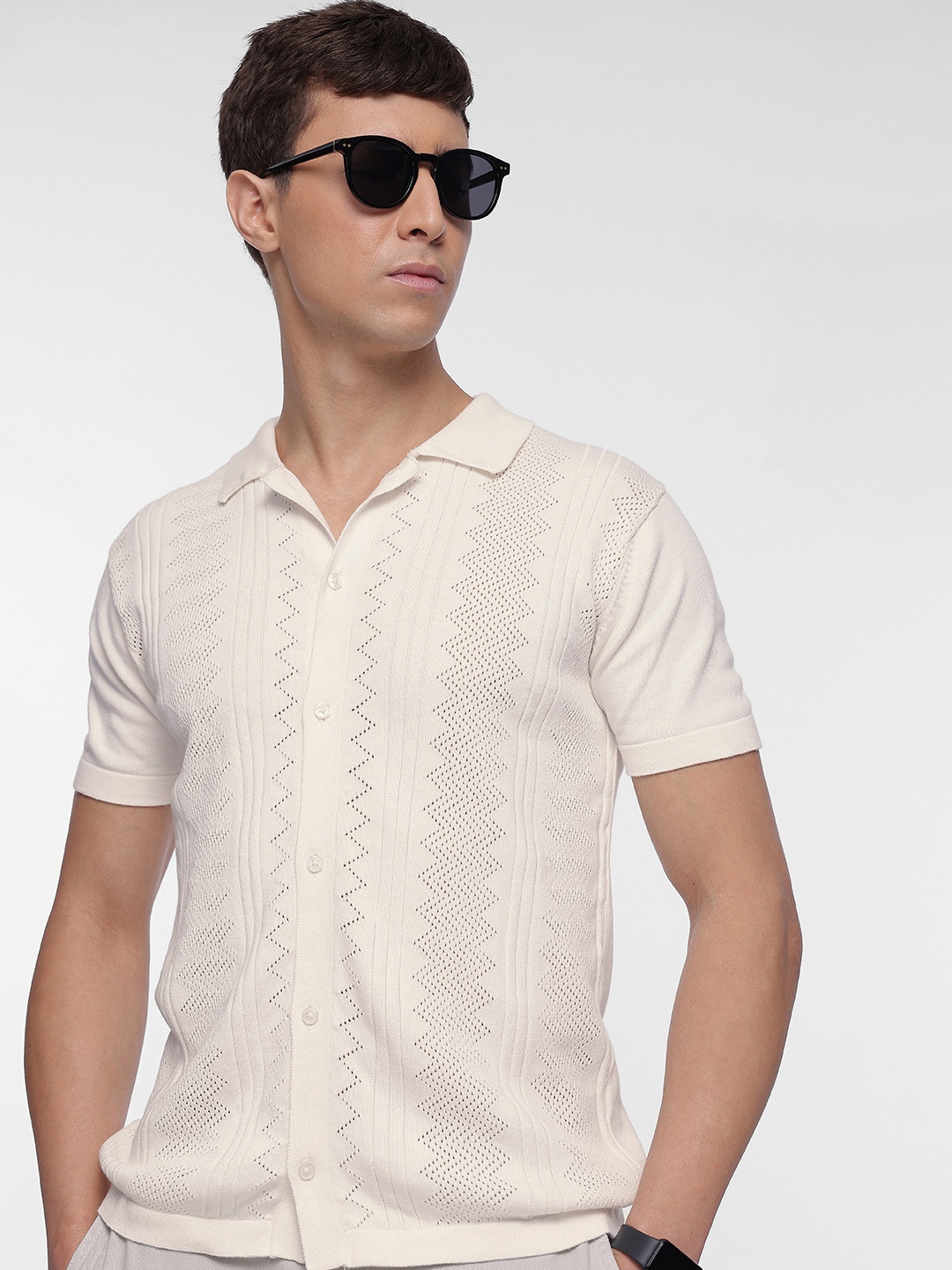 

French Connection Pure Cotton Self-Design Textured Knitted Casual Shirt, Off white