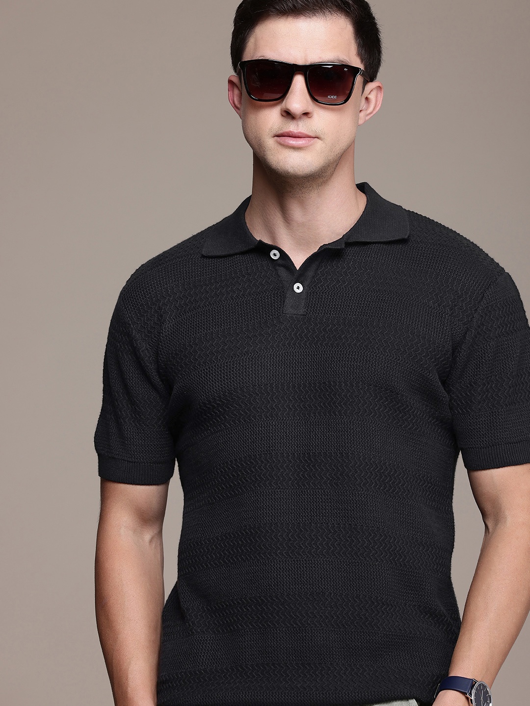 

French Connection Men Polo Collar Bio Finish Pure Cotton T-shirt, Black