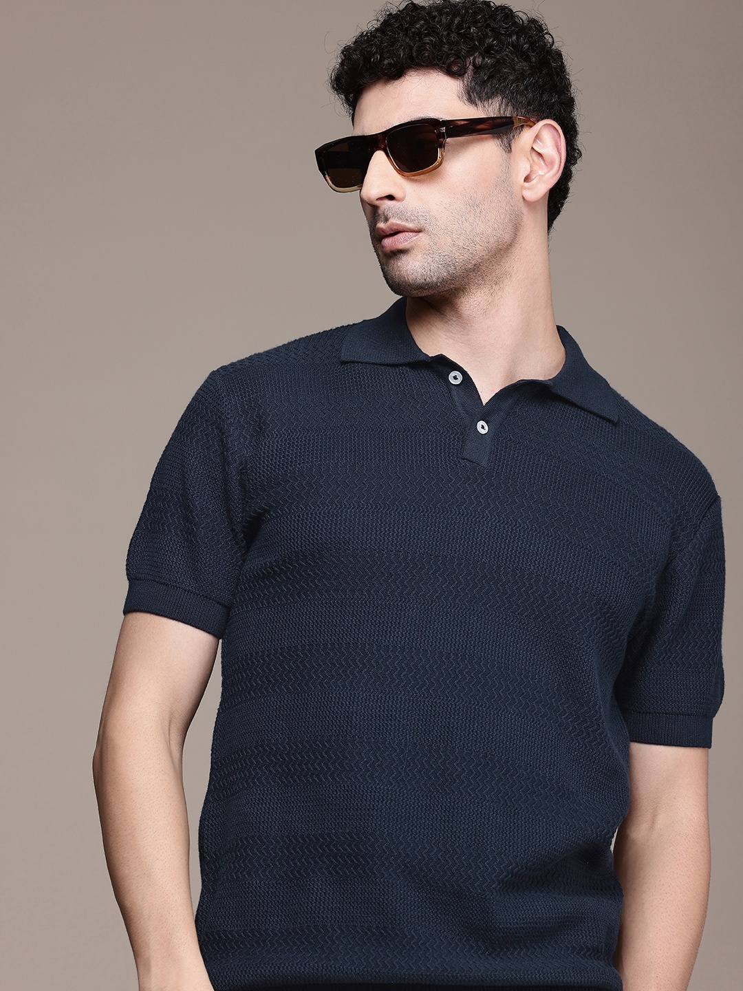 

French Connection Men Polo Collar Bio Finish Pure Cotton T-shirt, Navy blue
