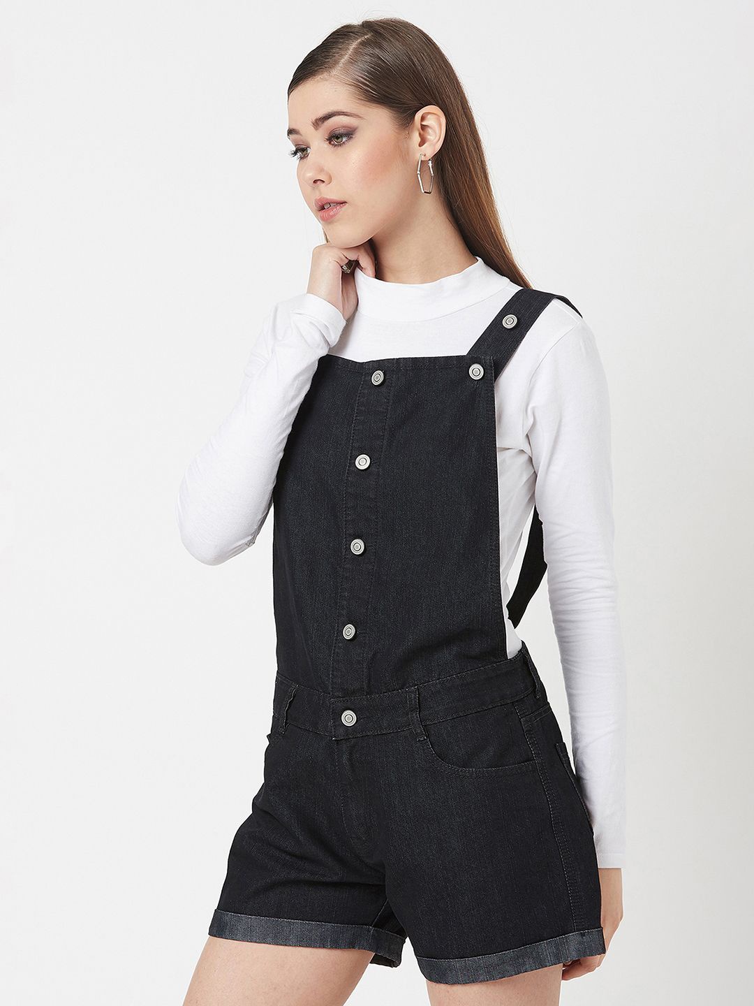 

Miss Chase Women Mid-Rise Denim Dungarees, Black