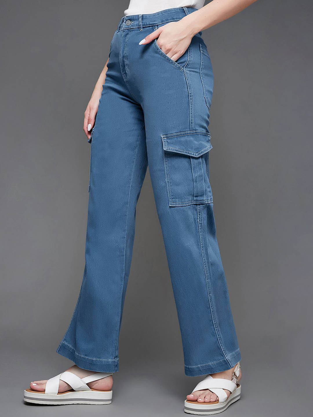 

Miss Chase Women Wide Leg High-Rise Stretchable Jeans, Blue