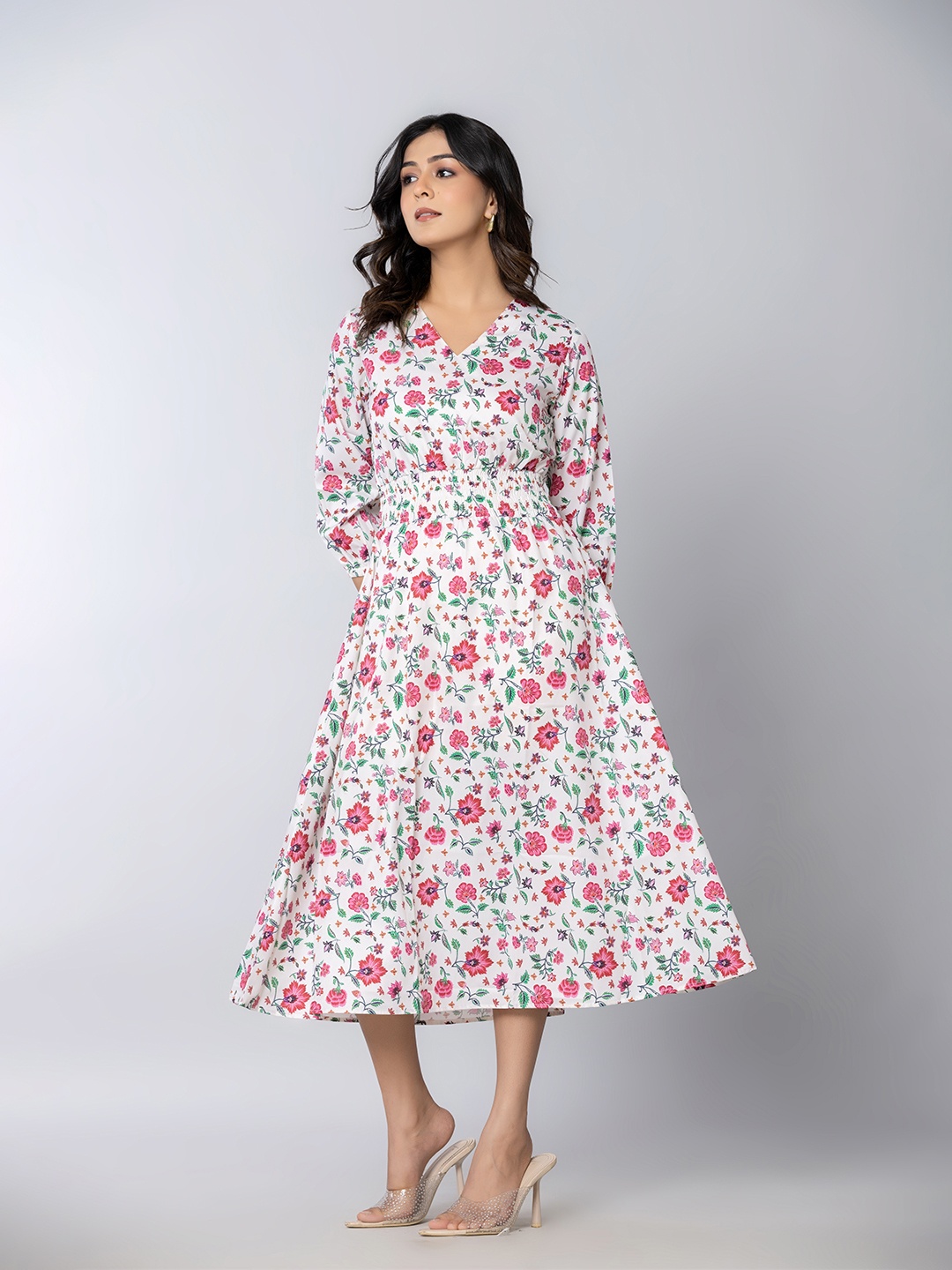 

Aanys Culture Women Printed V-neck Puff Sleeve Fit & Flare Midi Dress, Pink