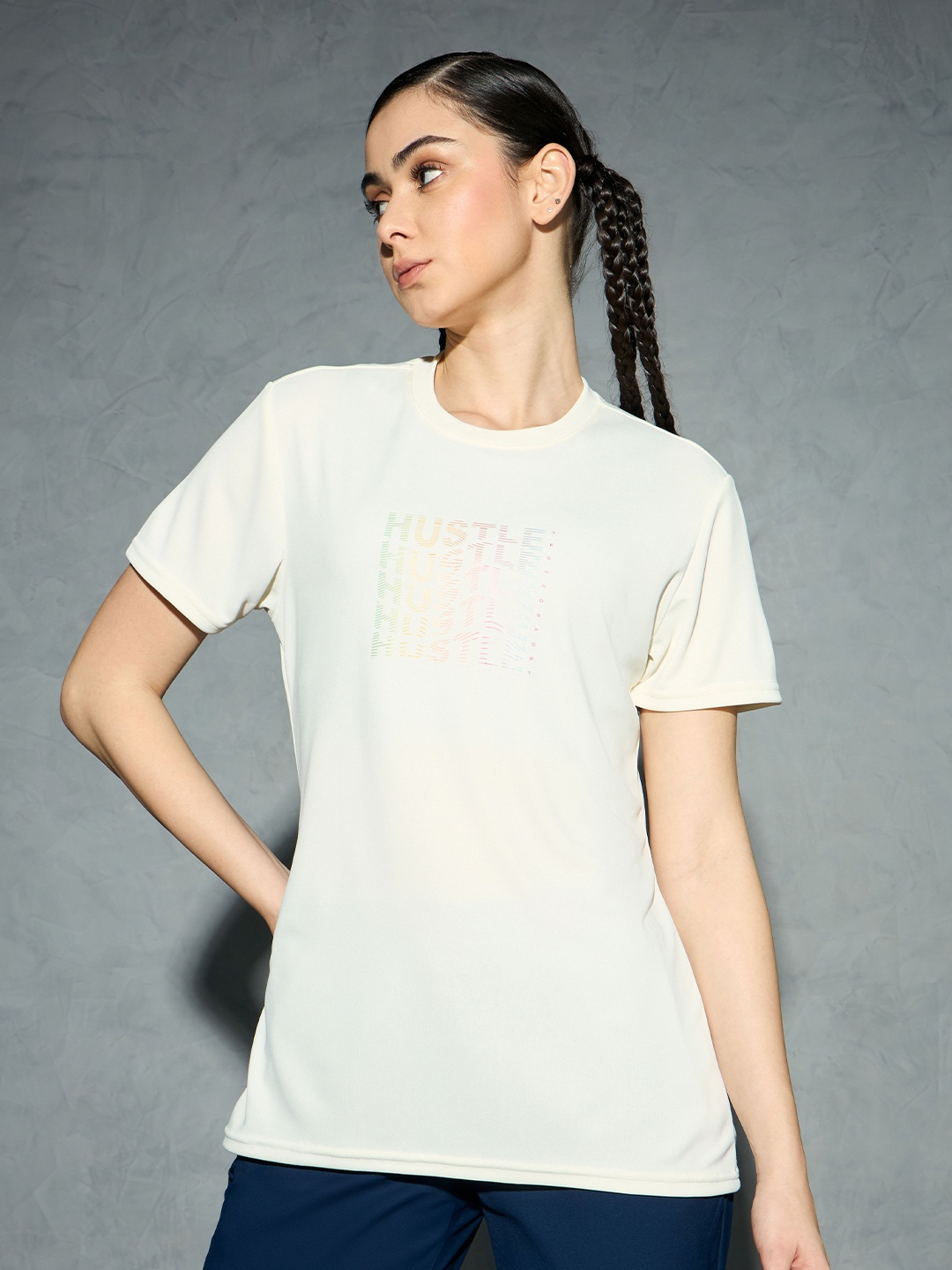 

Technosport Women Printed Anti Static Slim Fit T-shirt, Off white