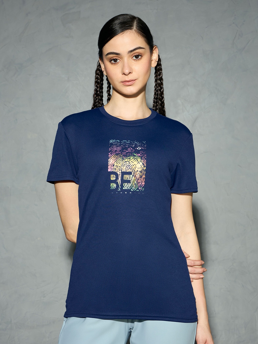 

Technosport Women Printed Anti Static Slim Fit T-shirt, Navy blue