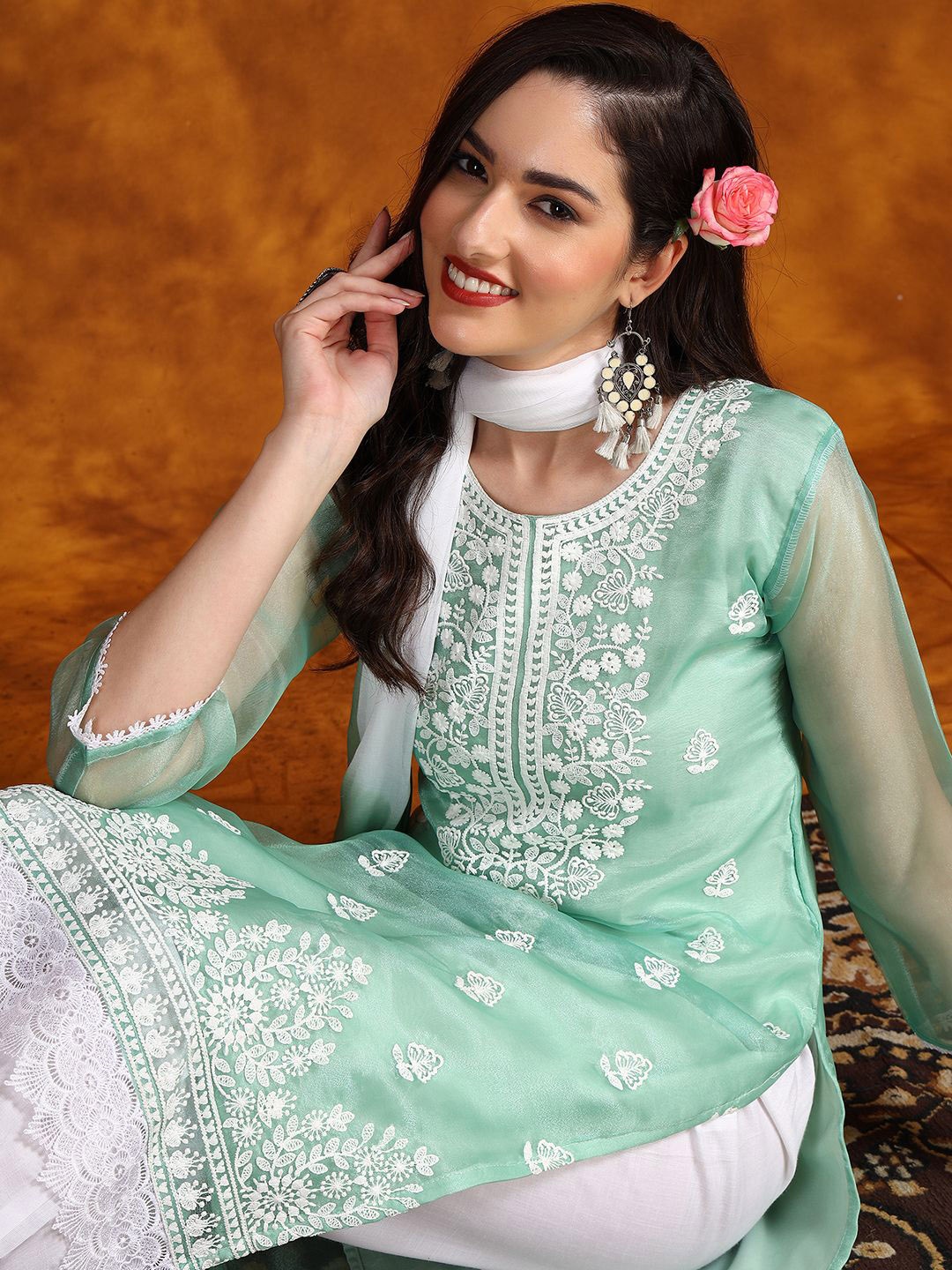 

Sangria Green Floral Embroidered Round Neck Regular Organza Kurta & Patiala With Dupatta