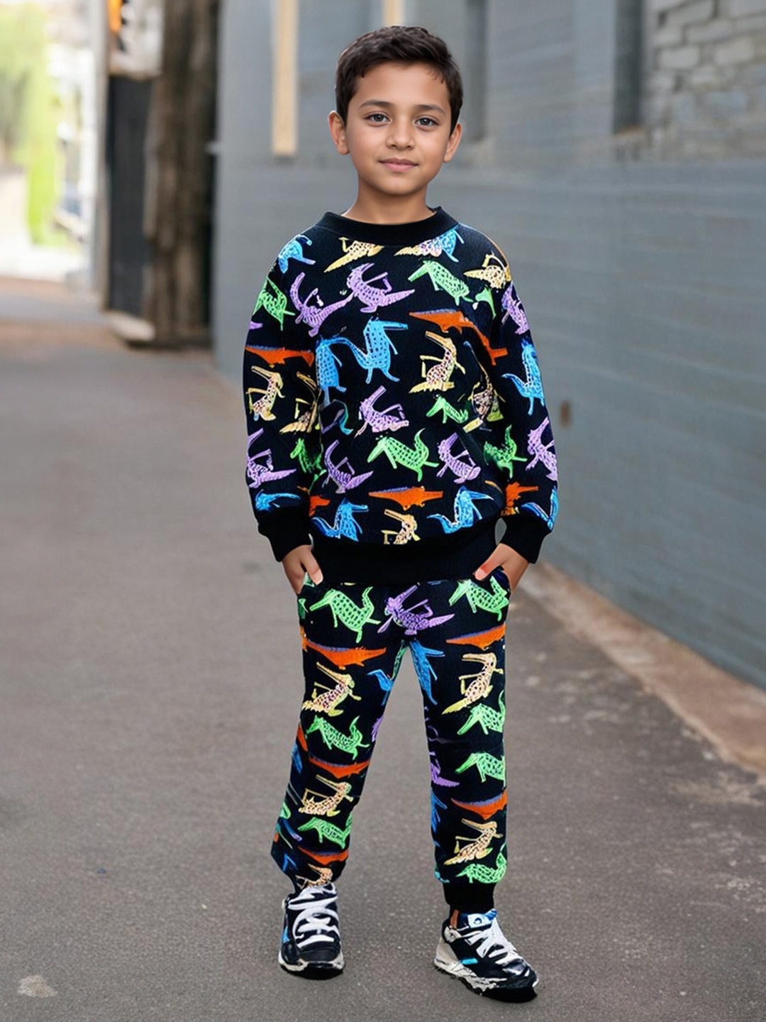 

Whistle & Hops Boys Animal Printed Sweatshirt & Joggers, Black