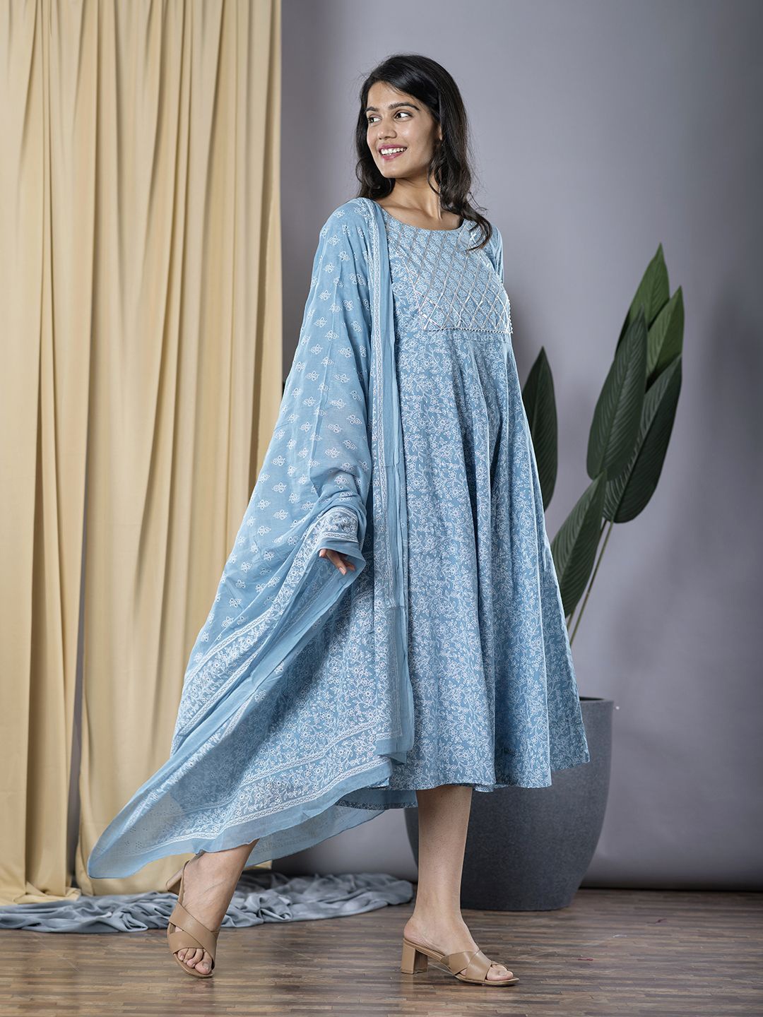 

KALINI Women Floral Print Cotton Fit & Flare Midi Dress with Dupatta, Blue