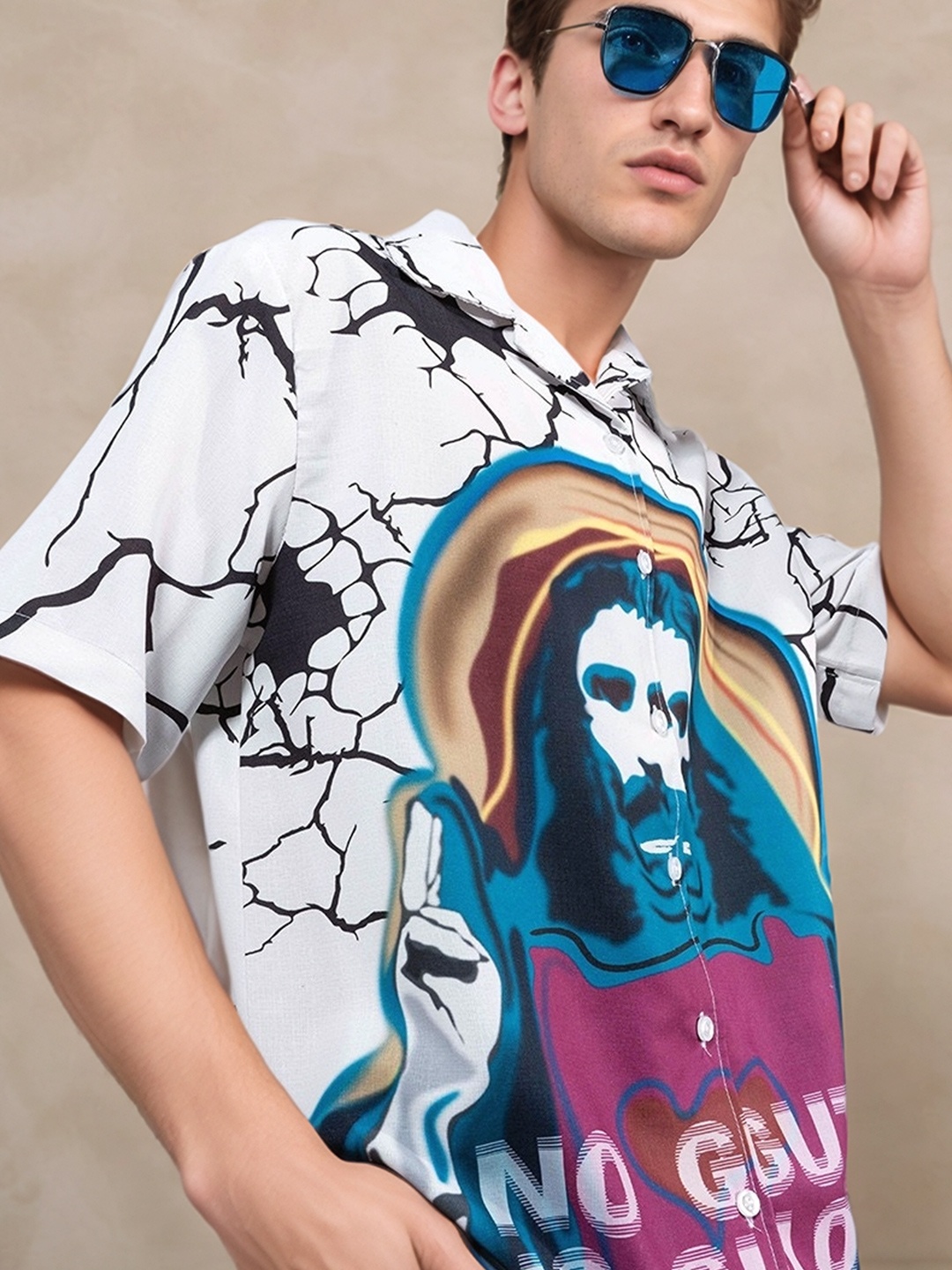 

UNRL Regular Fit Abstract Printed Drop-Shoulder Sleeves Casual Shirt, White