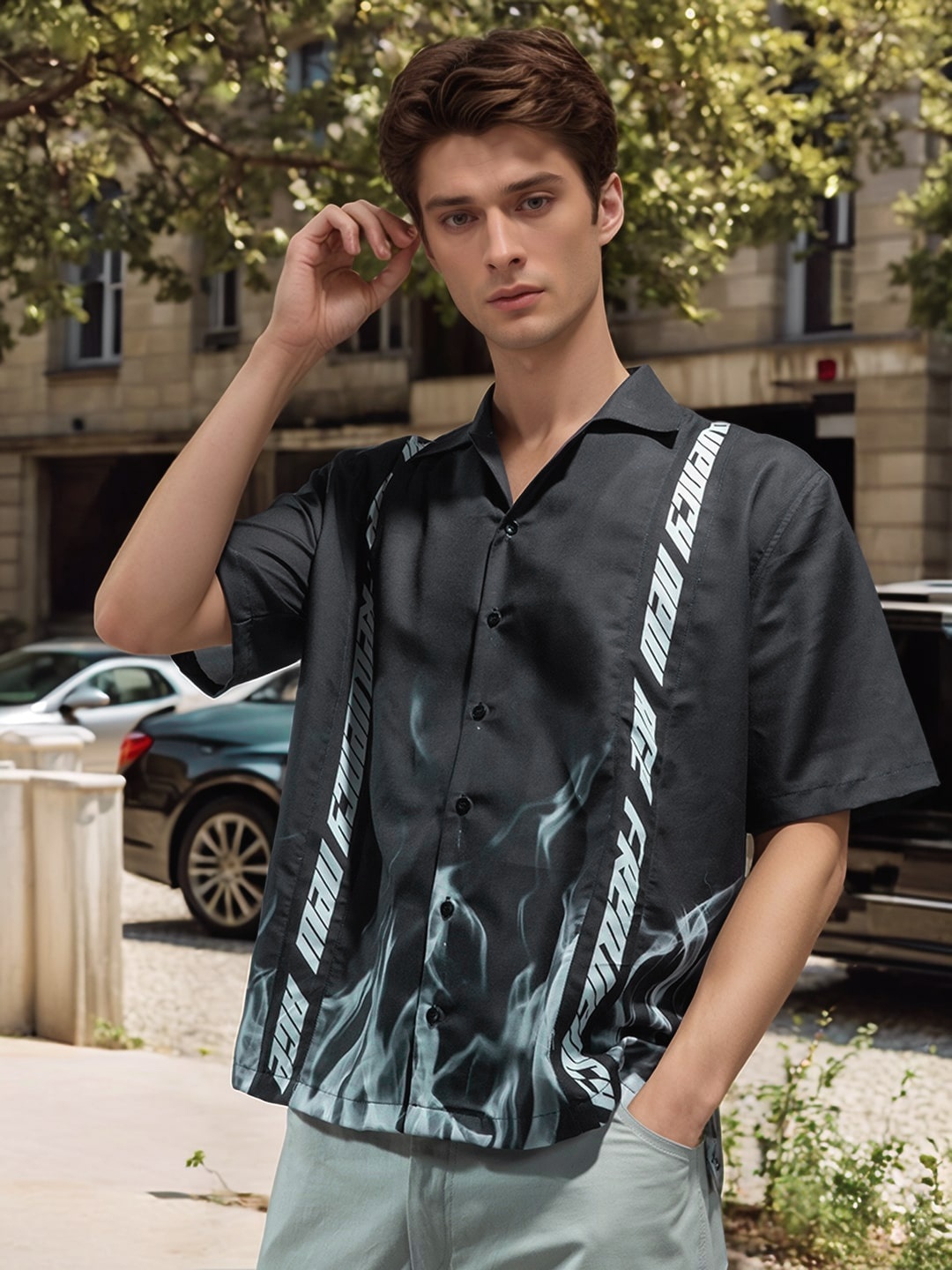 

UNRL Graphic Printed Drop Shoulder Sleeves Relaxed Fit Casual Shirt, Black