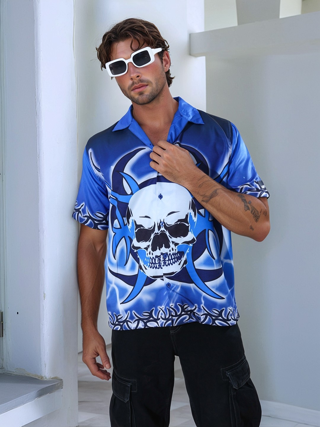 

UNRL Printed Relaxed Shirt, Blue