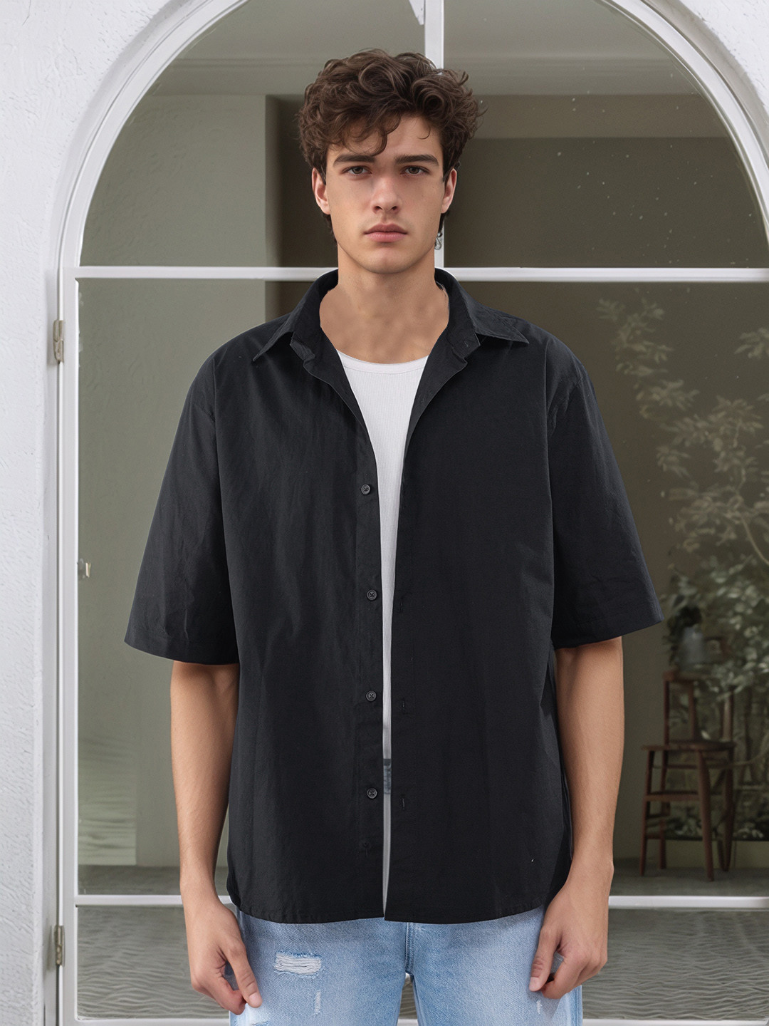 

UNRL Floral Print Oversize Pure Cotton Casual Shirt, Black