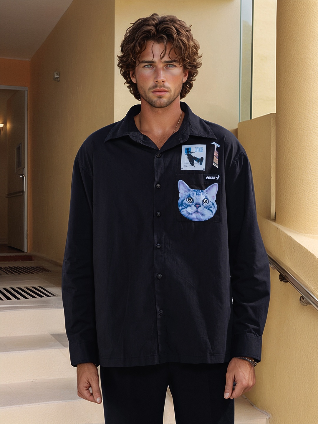 

UNRL Printed Oversized Shirt, Black
