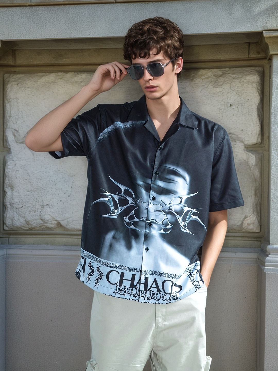 

UNRL Relaxed Opaque Printed Casual Shirt, Black