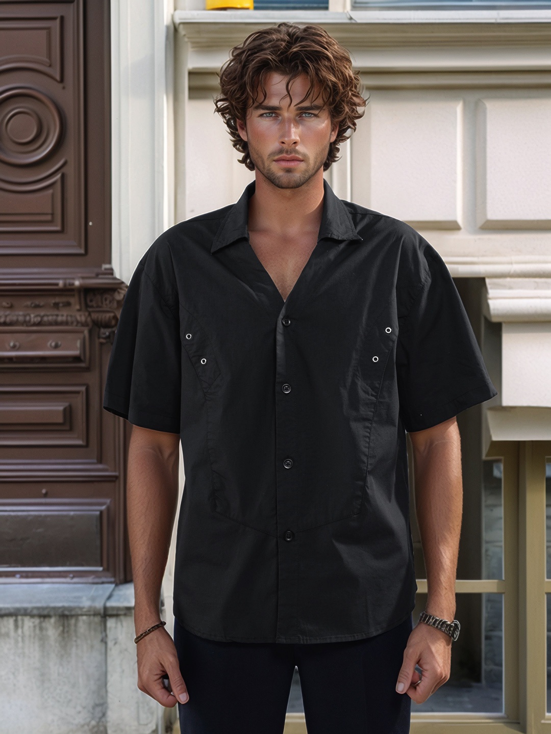 

UNRL Cotton Relaxed Casual Shirt, Black