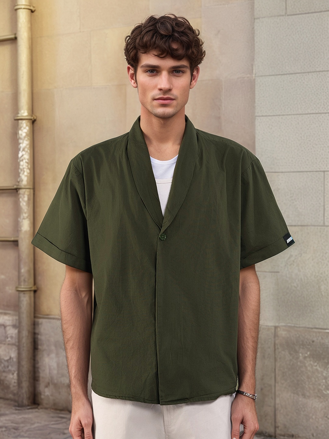 

UNRL Shawl Collar Relaxed Casual Shirt, Olive