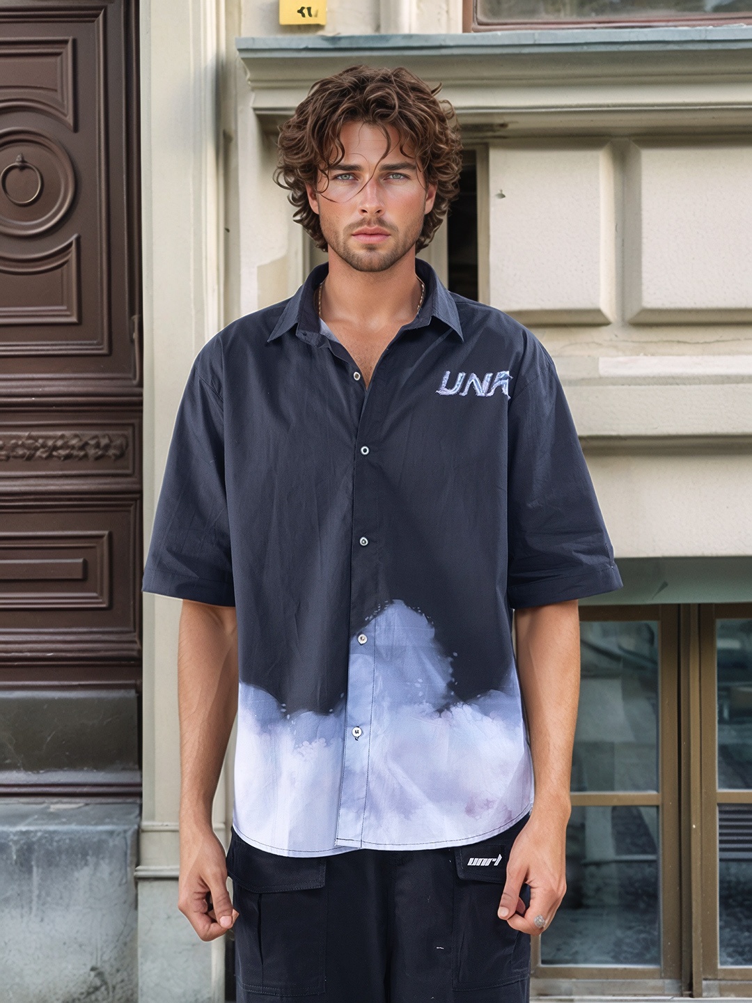 

UNRL Relaxed Opaque Printed Casual Shirt, Charcoal