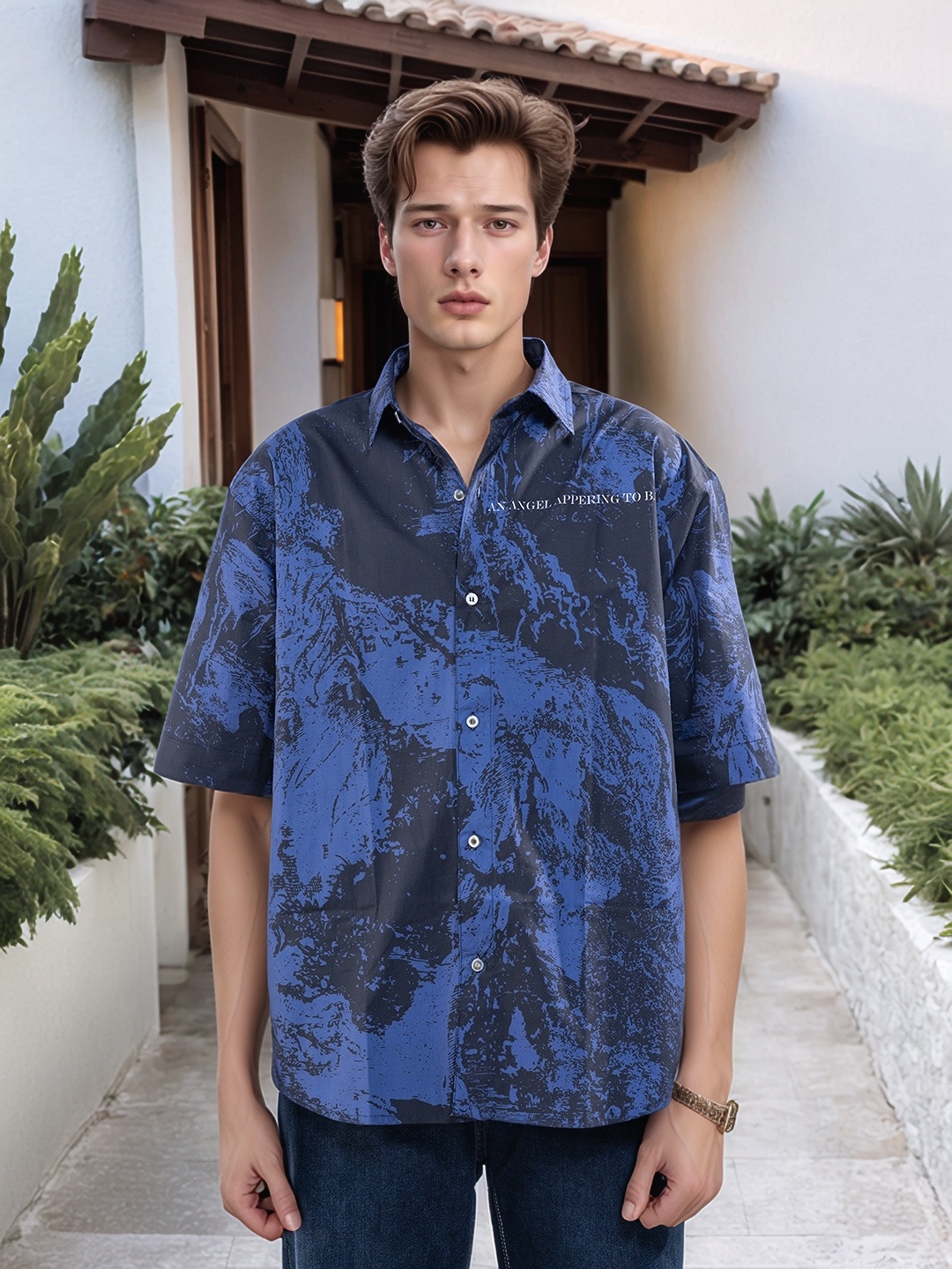 

UNRL Relaxed Opaque Printed Casual Shirt, Blue
