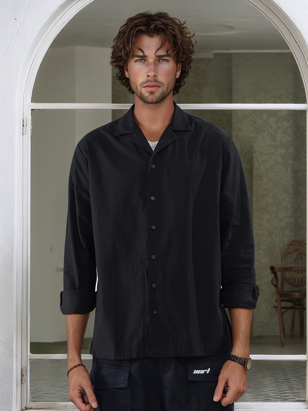 

UNRL Printed Oversized Casual Shirt, Navy blue