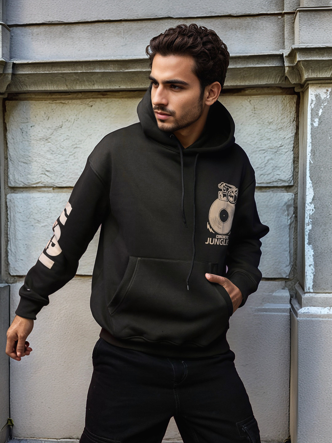 

UNRL Printed Hooded Sweatshirt, Black