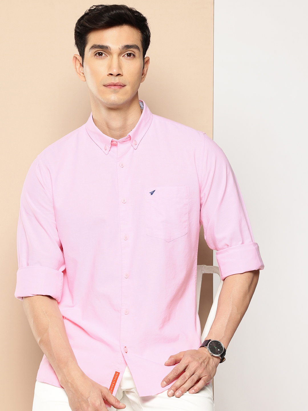 

INVICTUS Pure Cotton Button-Down Collar Casual Shirt, Pink