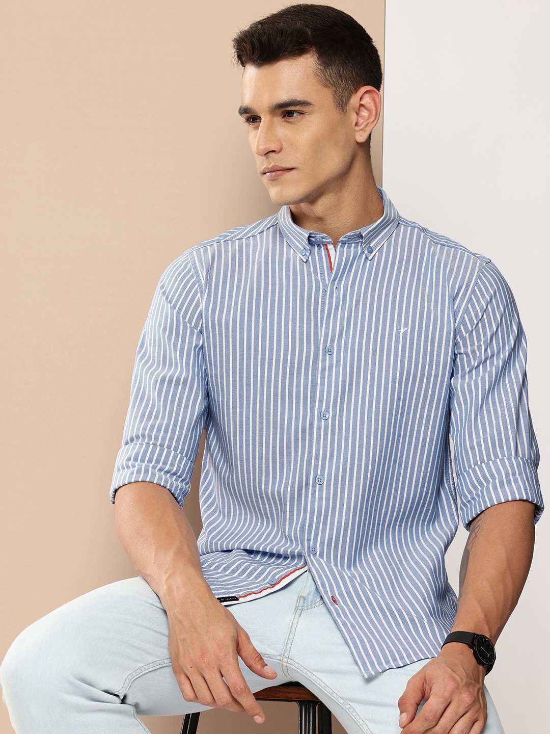 

INVICTUS Slim Fit Opaque Striped Casual Shirt, Blue