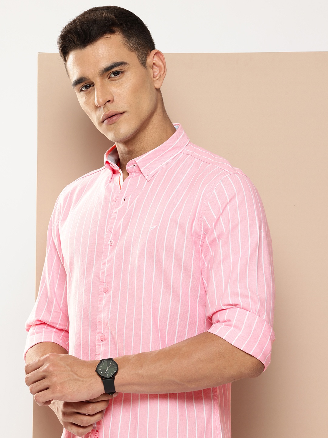 

INVICTUS Pure Cotton Slim Fit Opaque Striped Casual Shirt, Pink