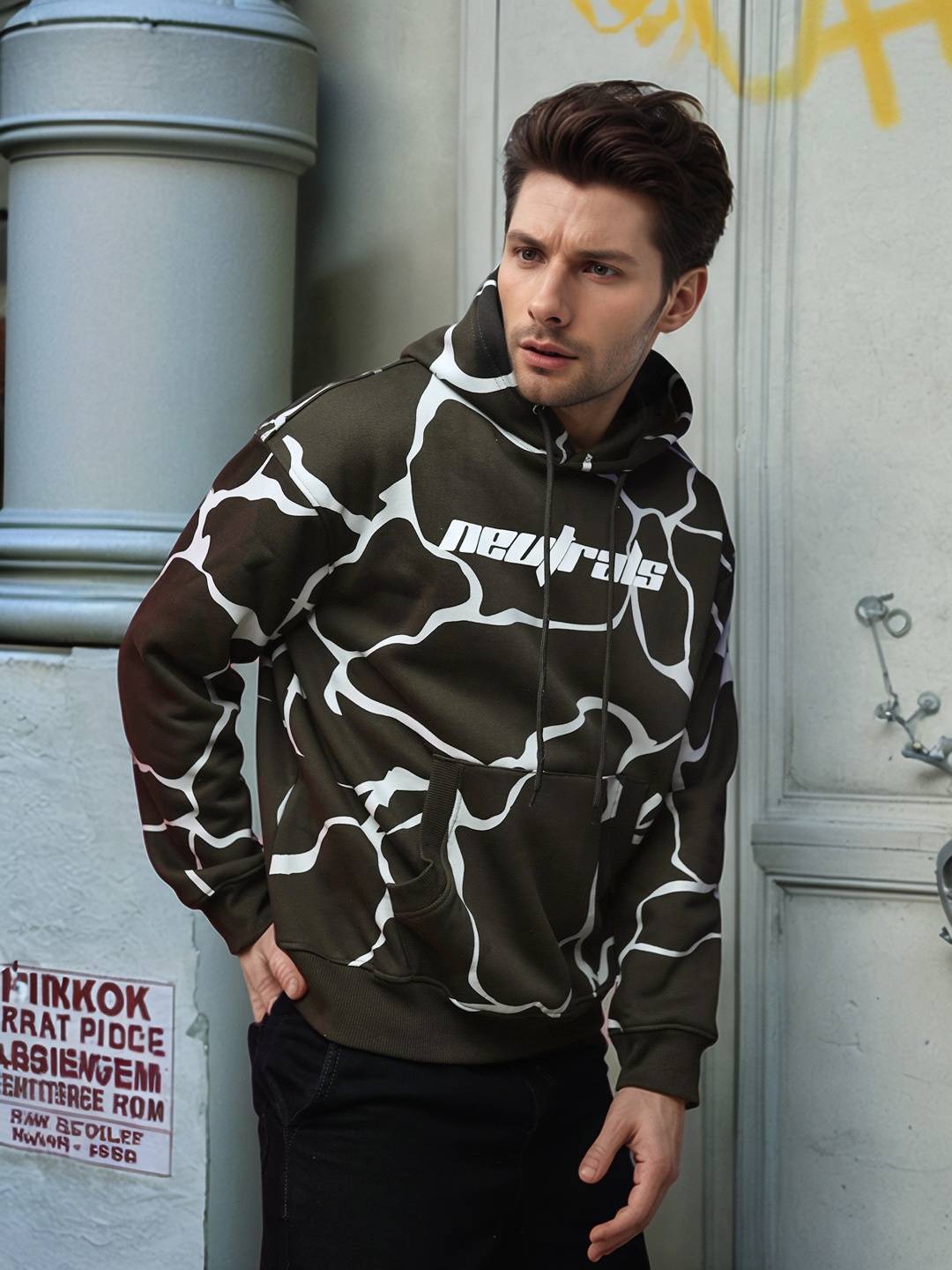 

UNRL Printed Hooded Relaxed Sweatshirt, Charcoal