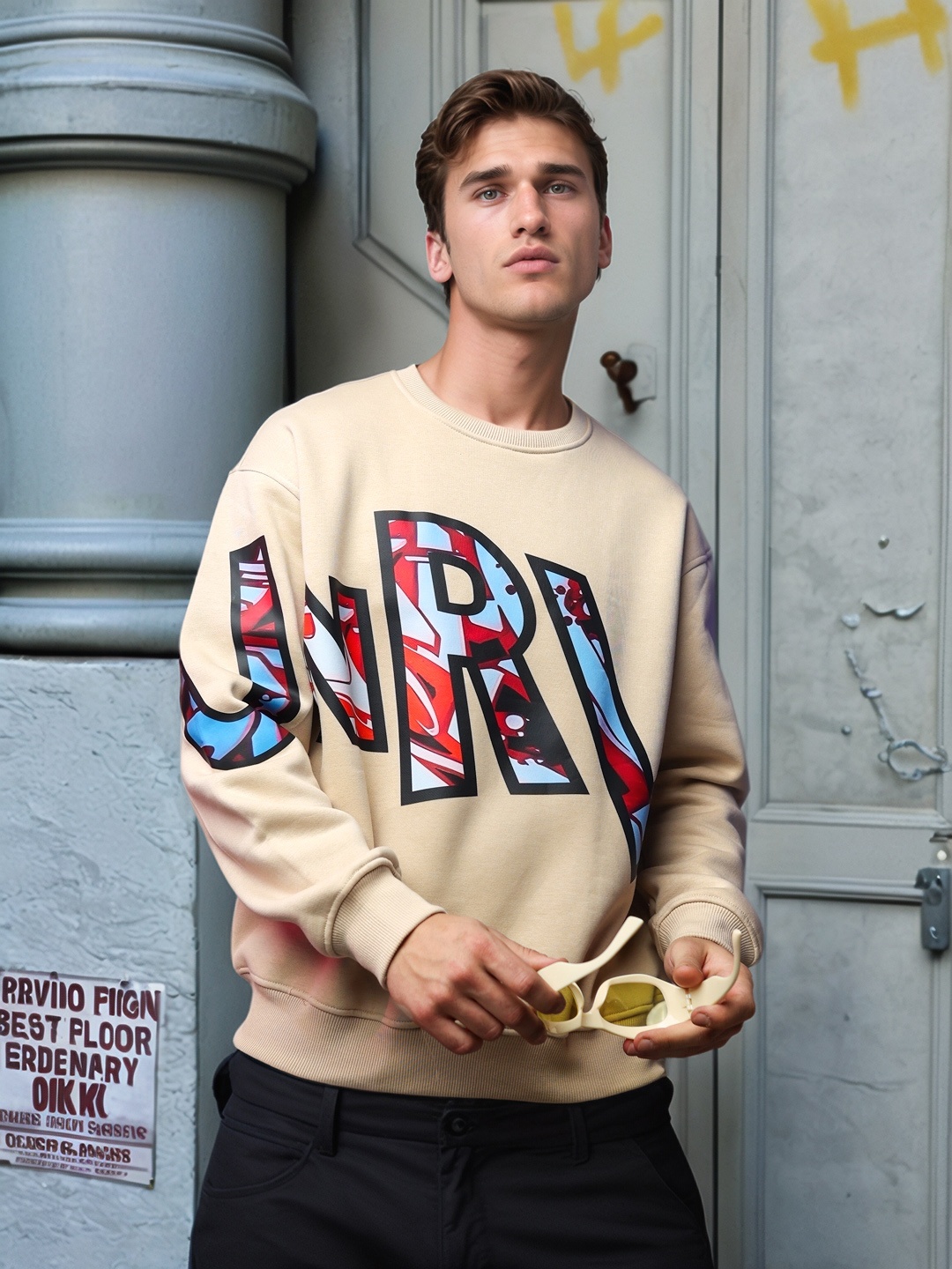 

UNRL Brand Logo Print Sweatshirt, Beige