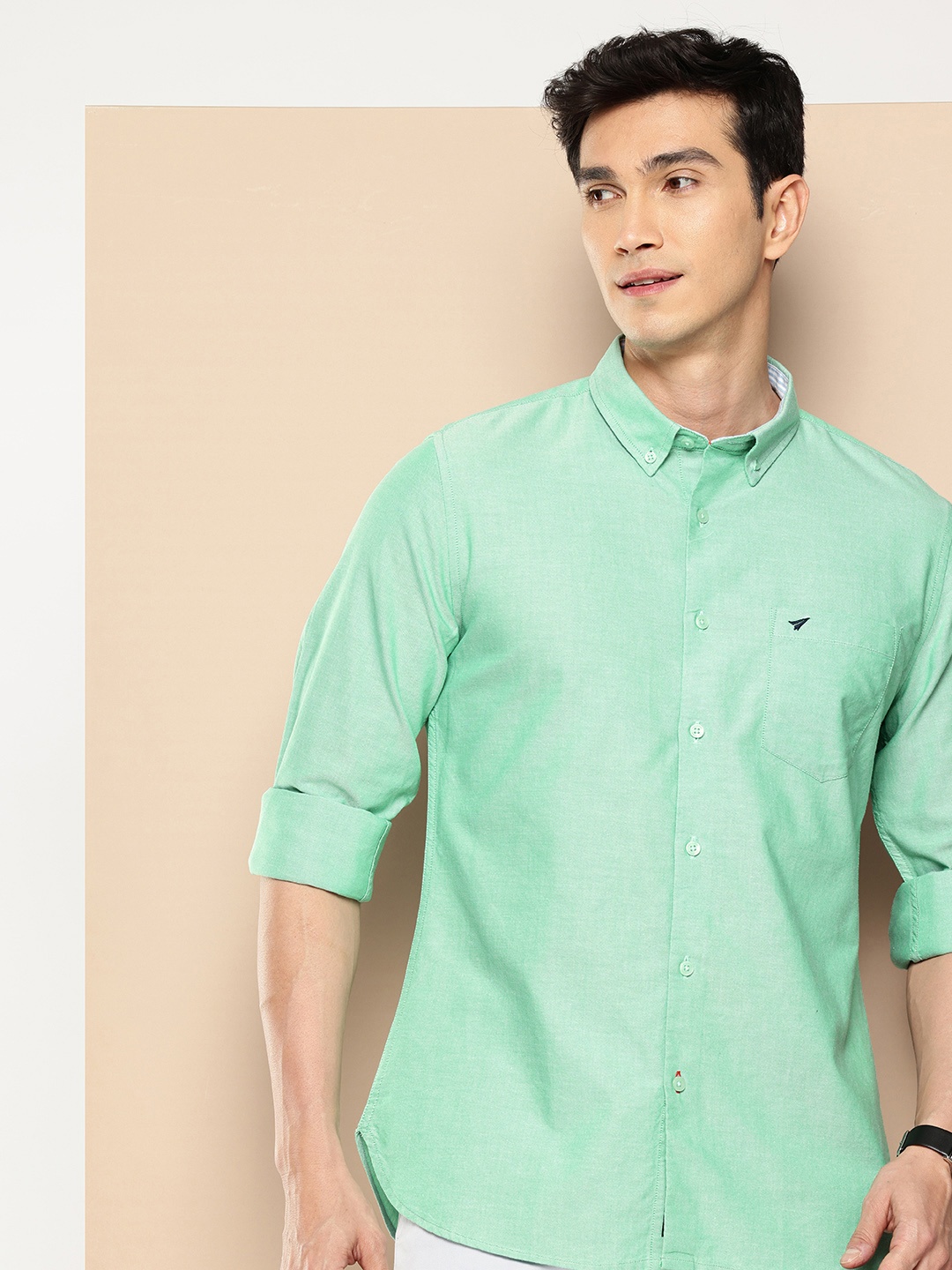 

INVICTUS Pure Cotton Button-Down Collar Casual Shirt, Turquoise blue