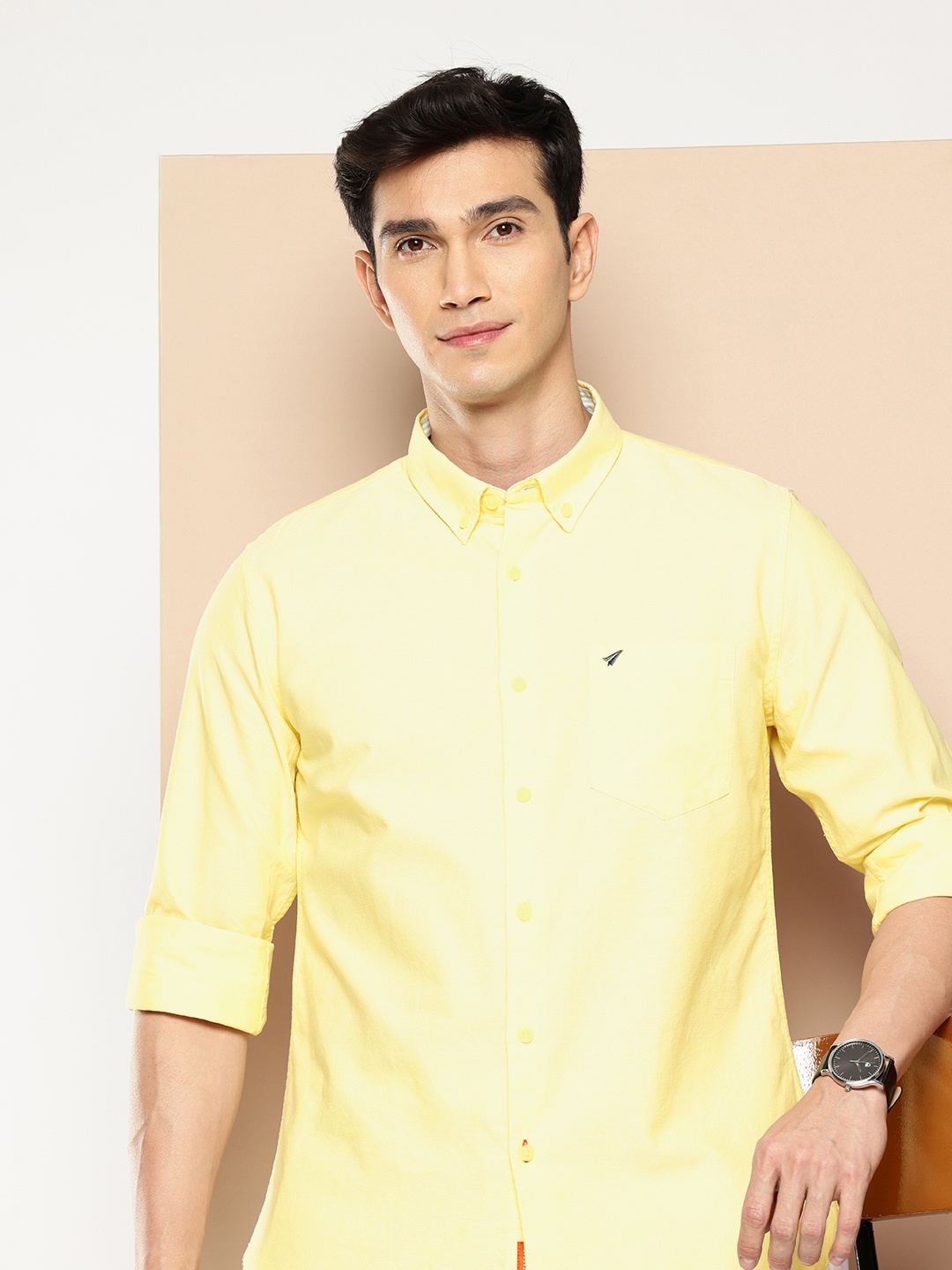 

INVICTUS Pure Cotton Button-Down Collar Casual Shirt, Yellow