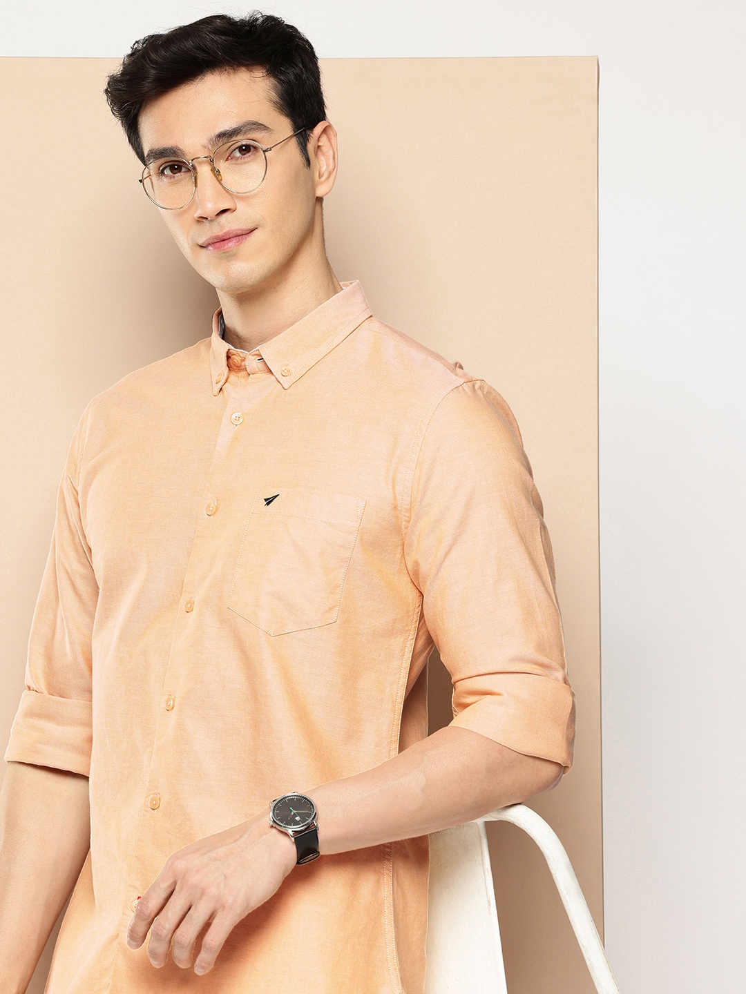 

INVICTUS Pure Cotton Button-Down Collar Casual Shirt, Peach