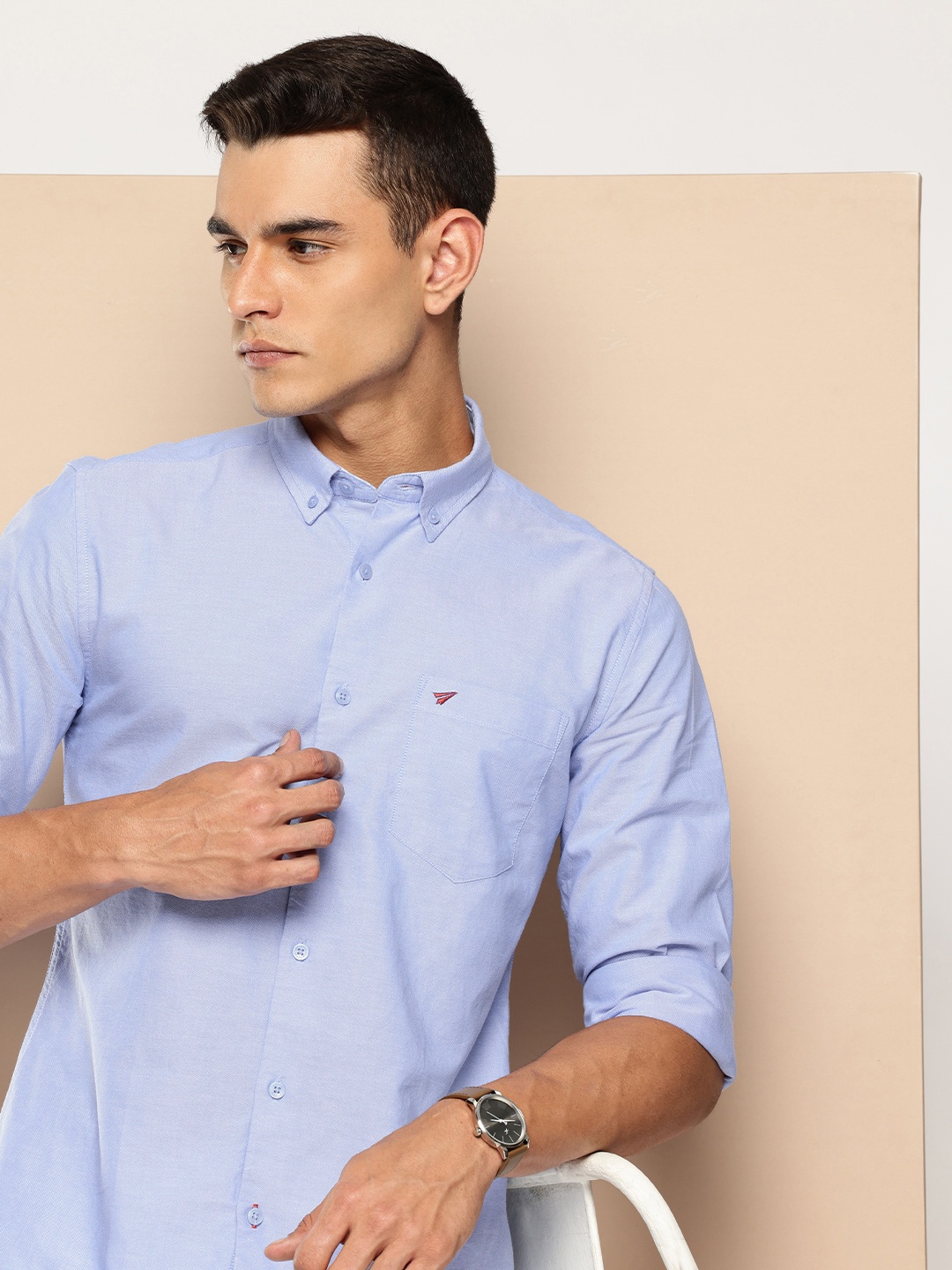 

INVICTUS Pure Cotton Button-Down Collar Casual Shirt, Blue