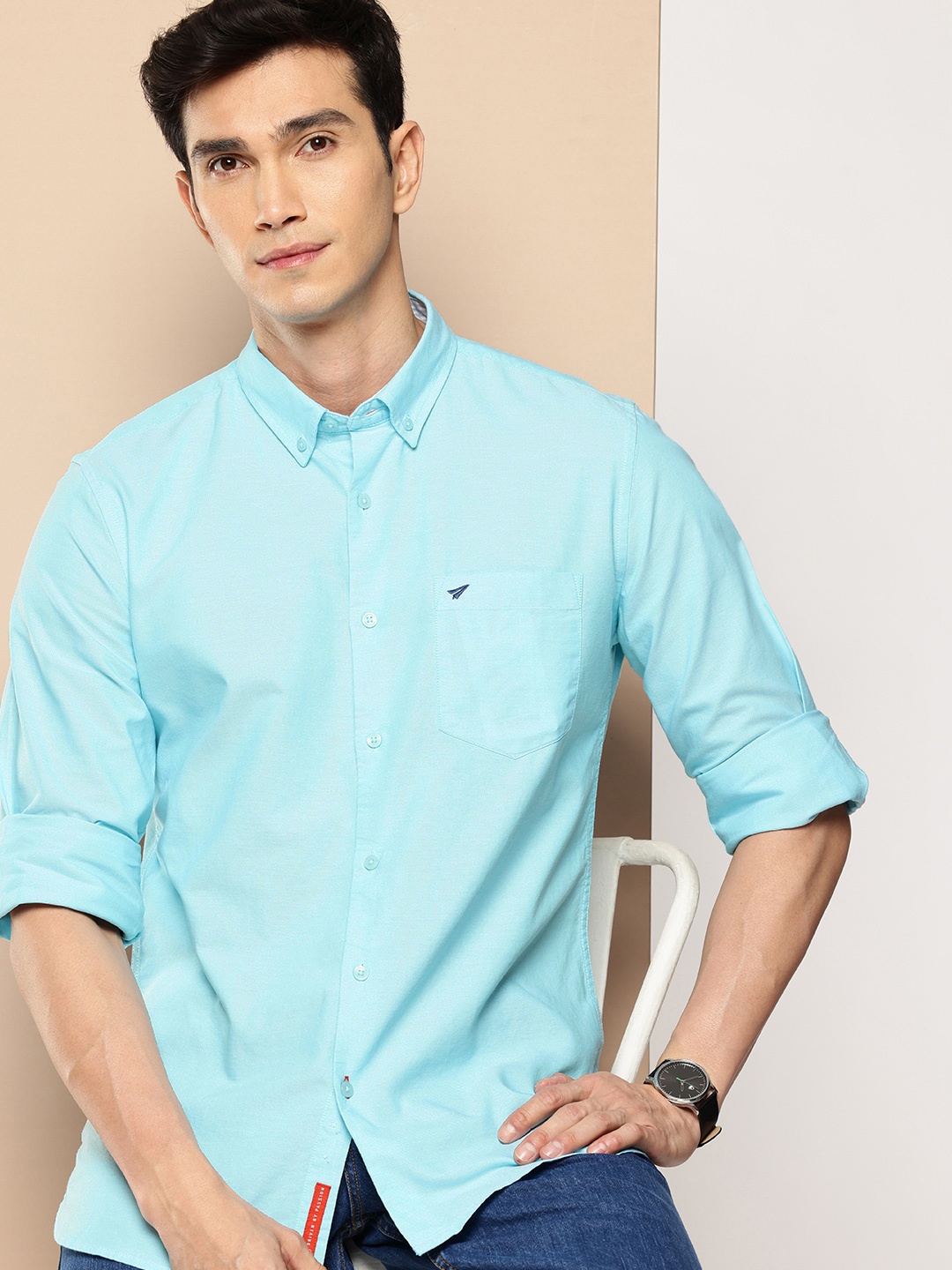 

INVICTUS Pure Cotton Button-Down Collar Casual Shirt, Blue
