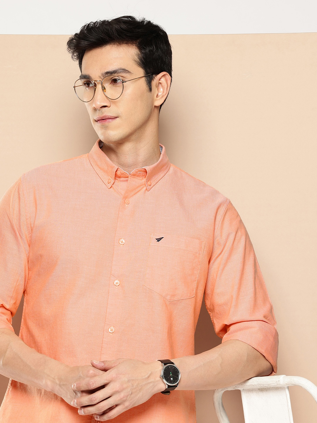 

INVICTUS Pure Cotton Button-Down Collar Casual Shirt, Orange