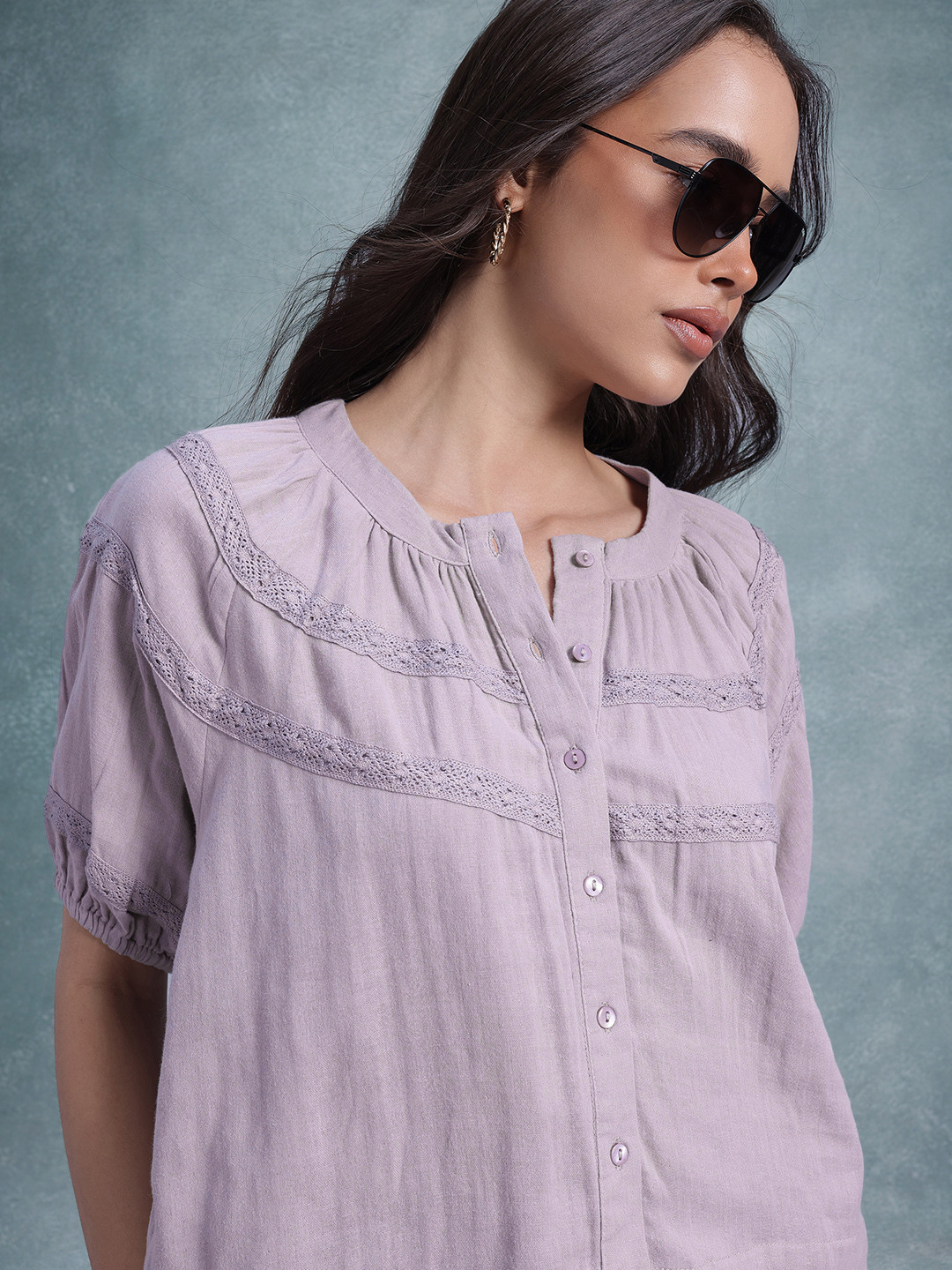 

The Roadster Life Co. Gathered Detail Pure Cotton Shirt Style Top, Lavender