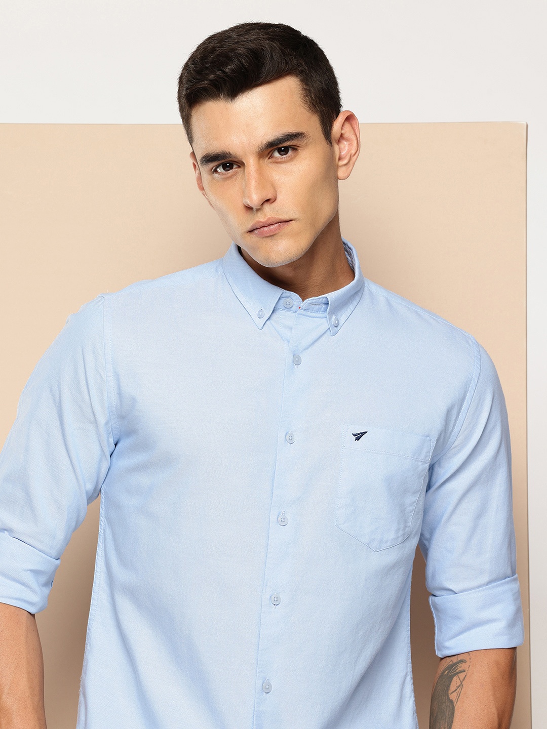 

INVICTUS Pure Cotton Button-Down Collar Casual Shirt, Blue