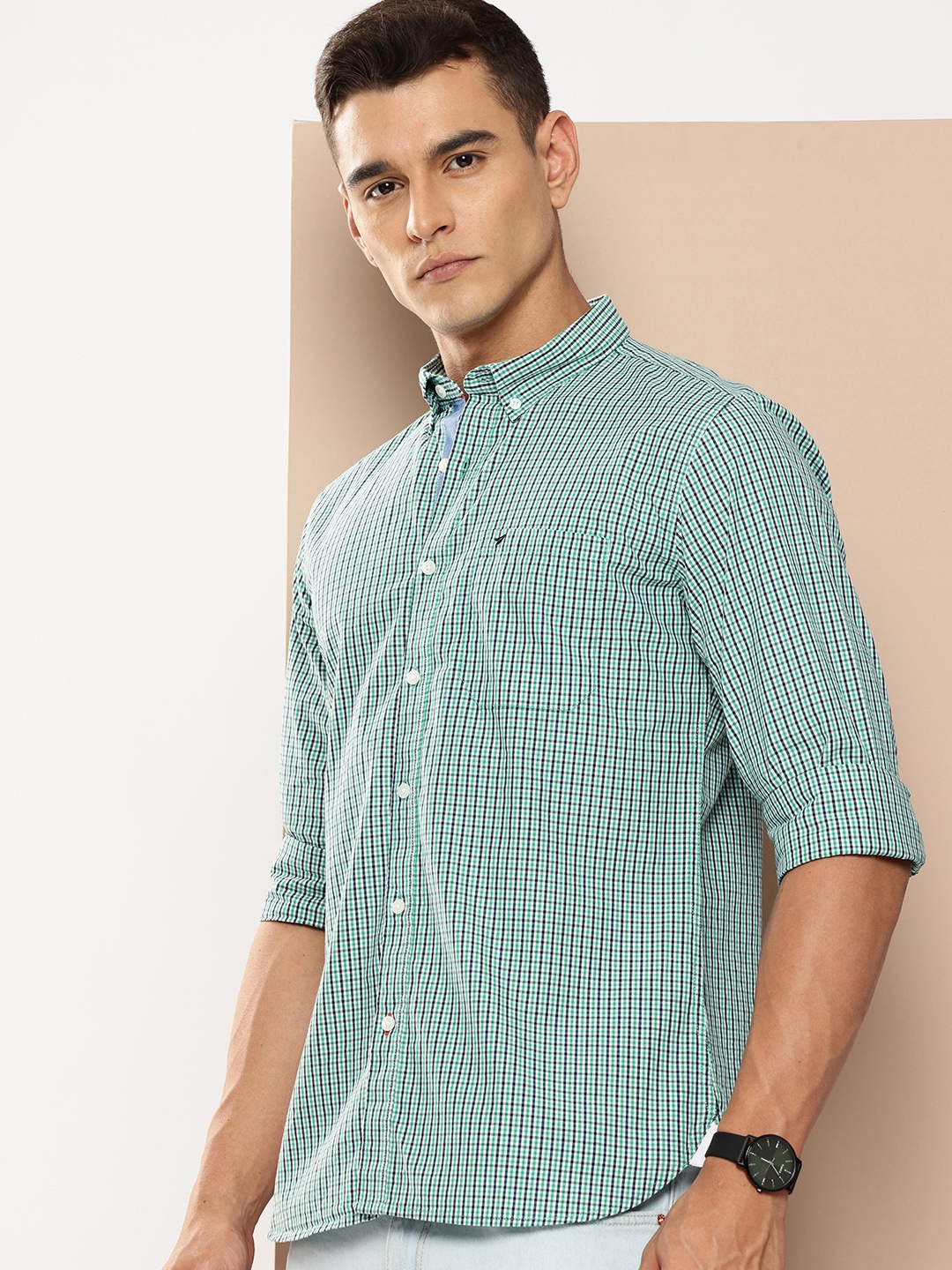 

INVICTUS Pure Cotton Slim Fit Opaque Checked Casual Shirt, Green