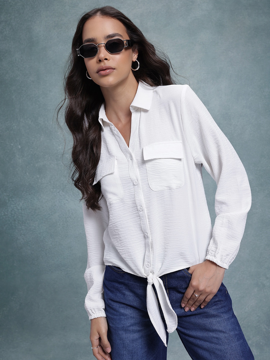 

The Roadster Life Co. Textured Casual Shirt with Waist Tie Up Detail, White