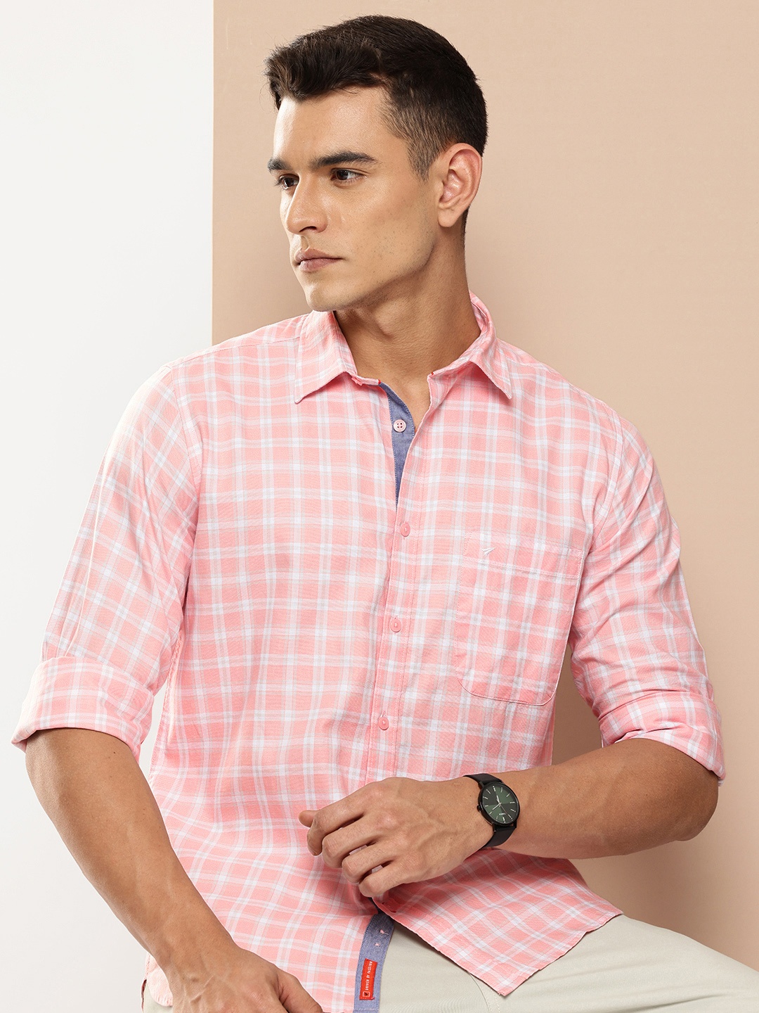 

INVICTUS Pure Cotton Slim Fit Tartan Checks Opaque Casual Shirt, Pink