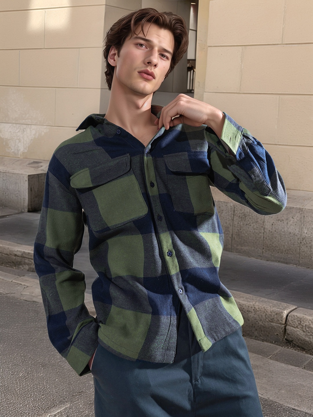 

UNRL Checked Pocket Detail Flannel Shirt, Green