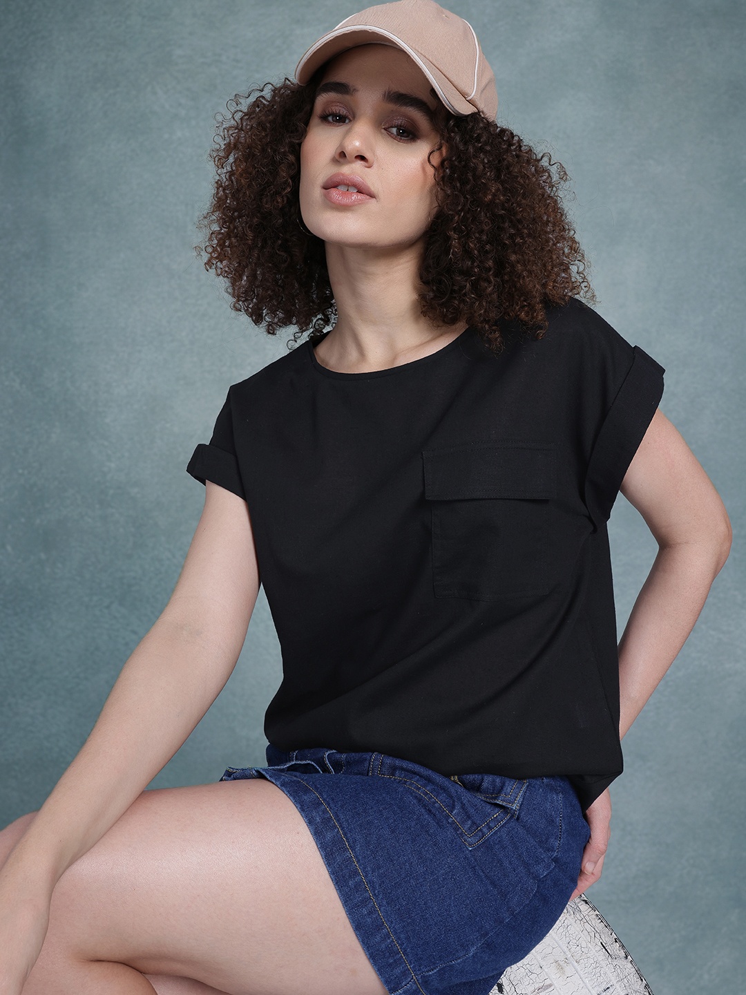 

The Roadster Life Co. Extended Sleeves Pure Cotton Top, Black