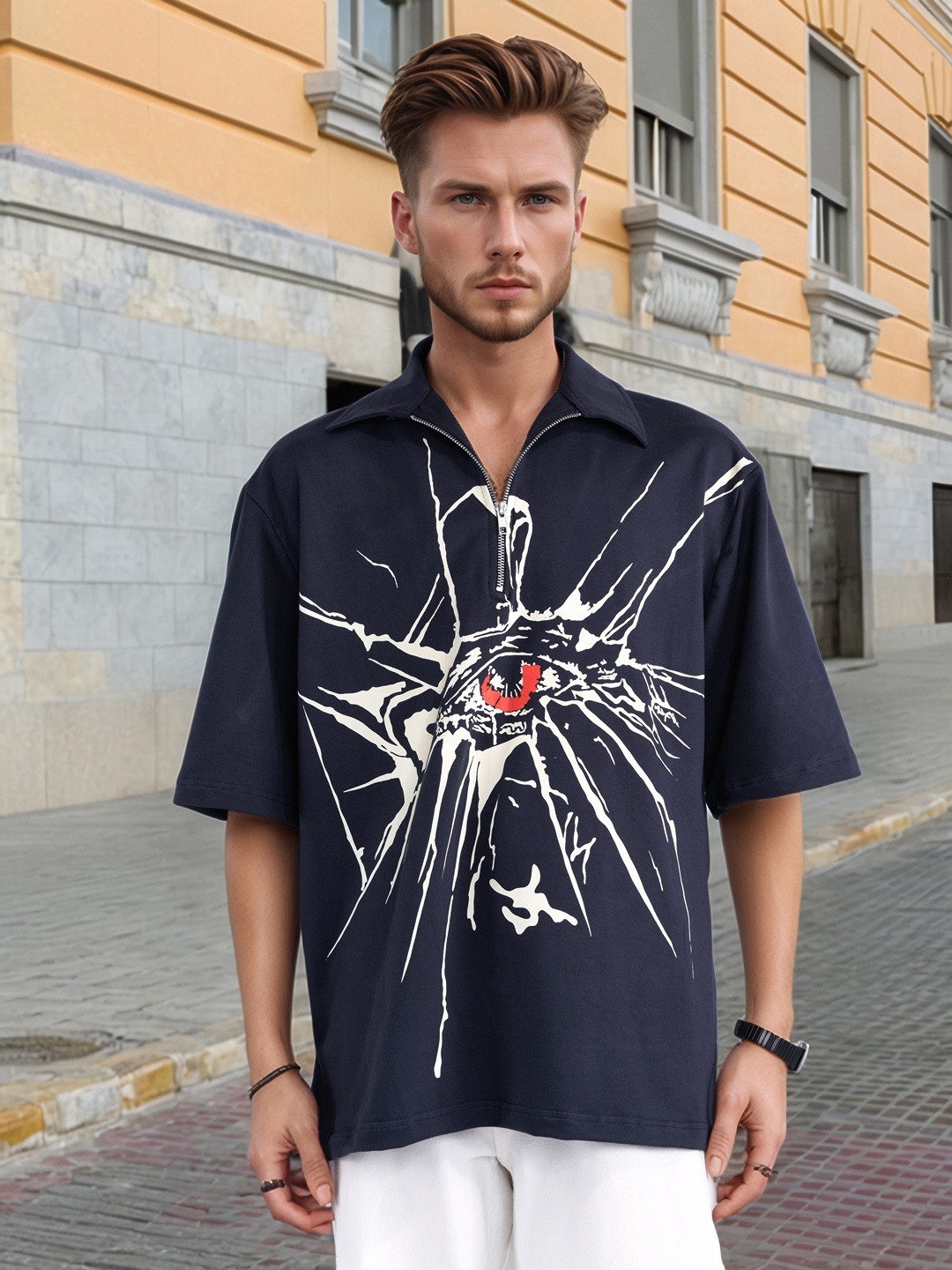 

UNRL Printed Drop-Shoulder Sleeves Relaxed Polo Collar T-shirt, Navy blue