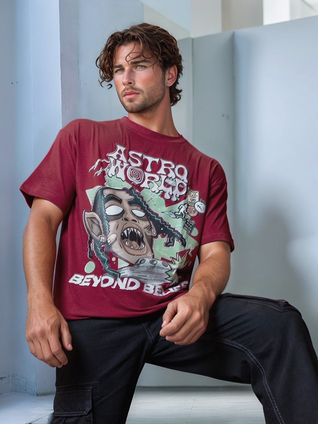 

UNRL Printed Pure Cotton T-shirt, Red