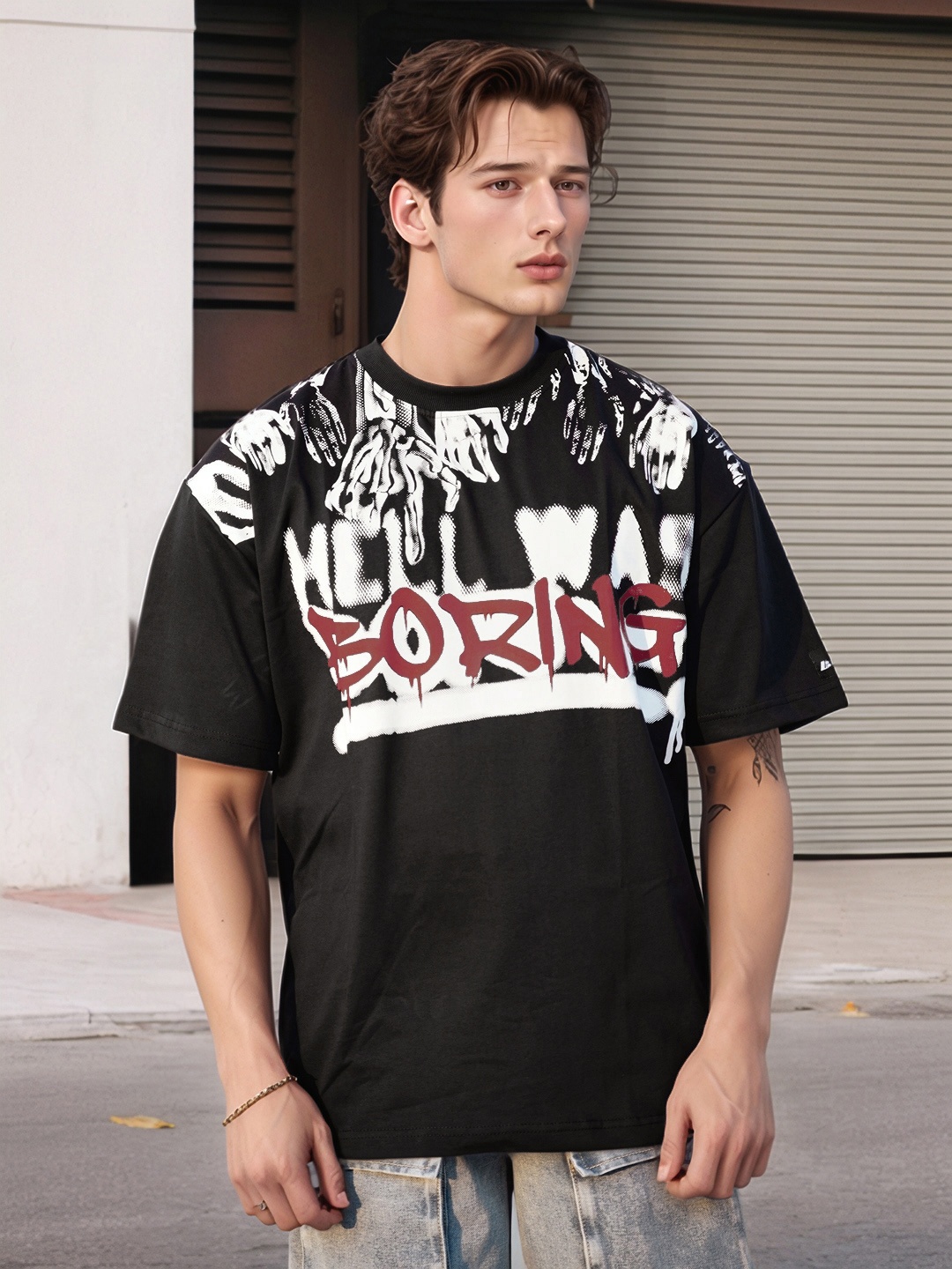 

UNRL Typography Print Pure Cotton T-shirt, Black