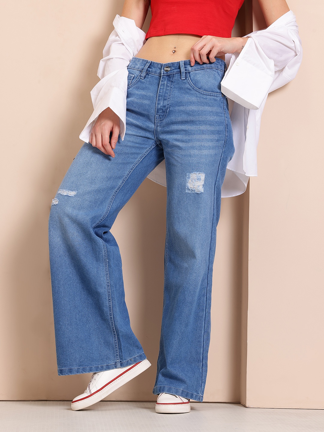 

Mast & Harbour Women Mid-Rise Low Distress Light Fade Wide Leg Jeans, Blue